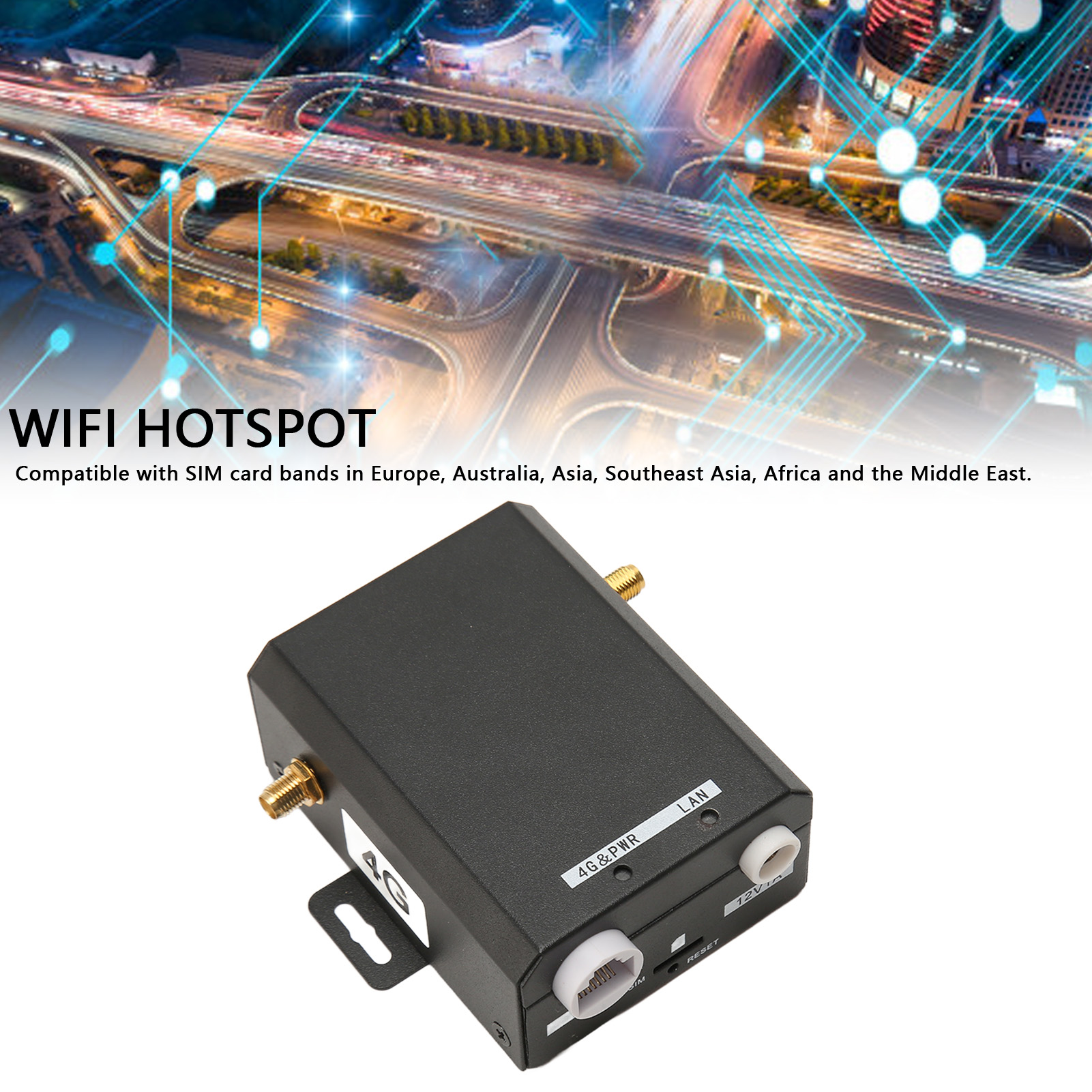 Schwarzes WLAN-Hotspot-Gerät mit Antenne und Anschlüssen, überlagert auf einem Hintergrund mit Stadtlichtern.