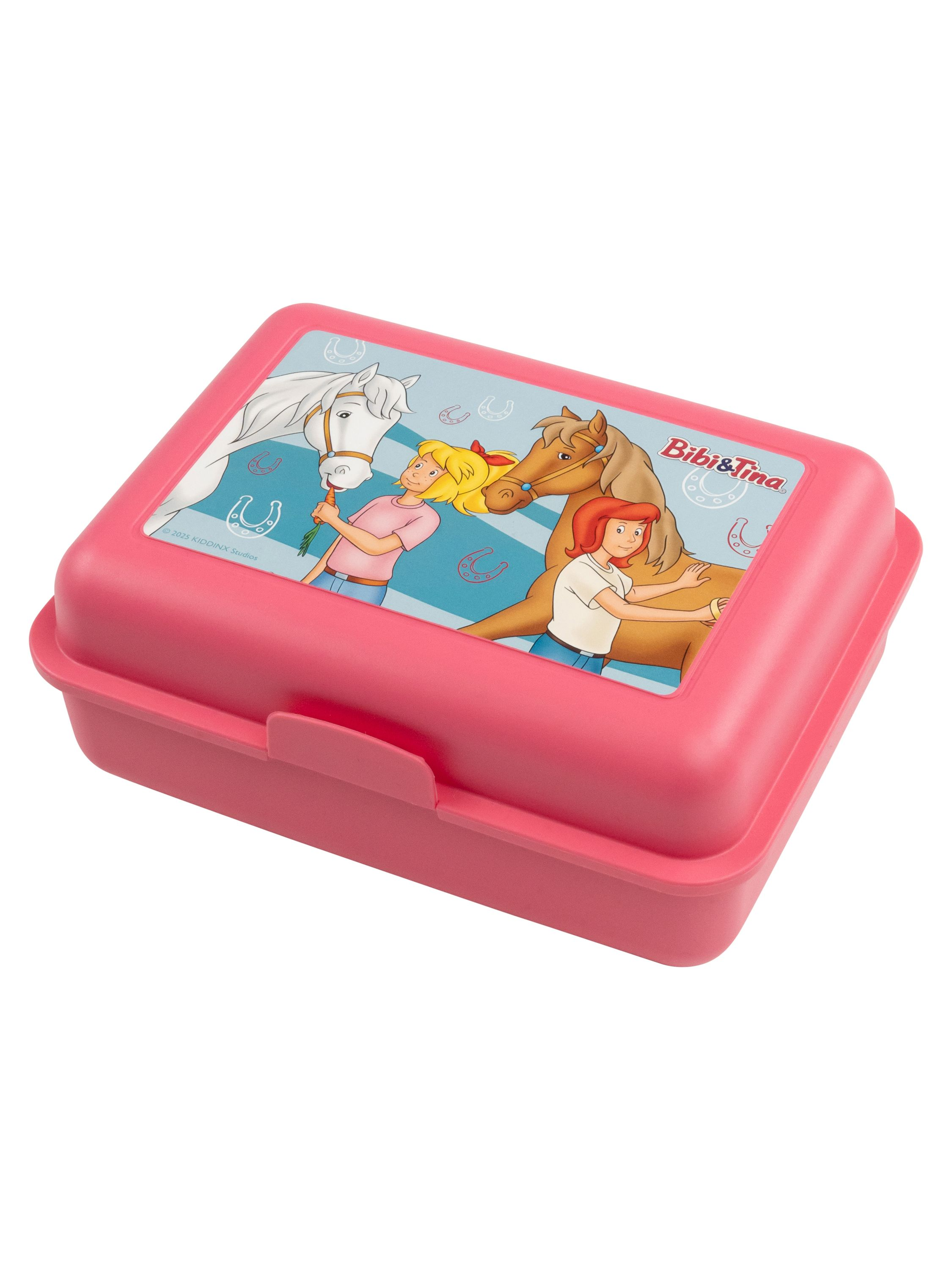 Rosa Brotdose mit Zeichentrick von zwei Mädchen mit Pferden. Die Brotdose ist geschlossen.