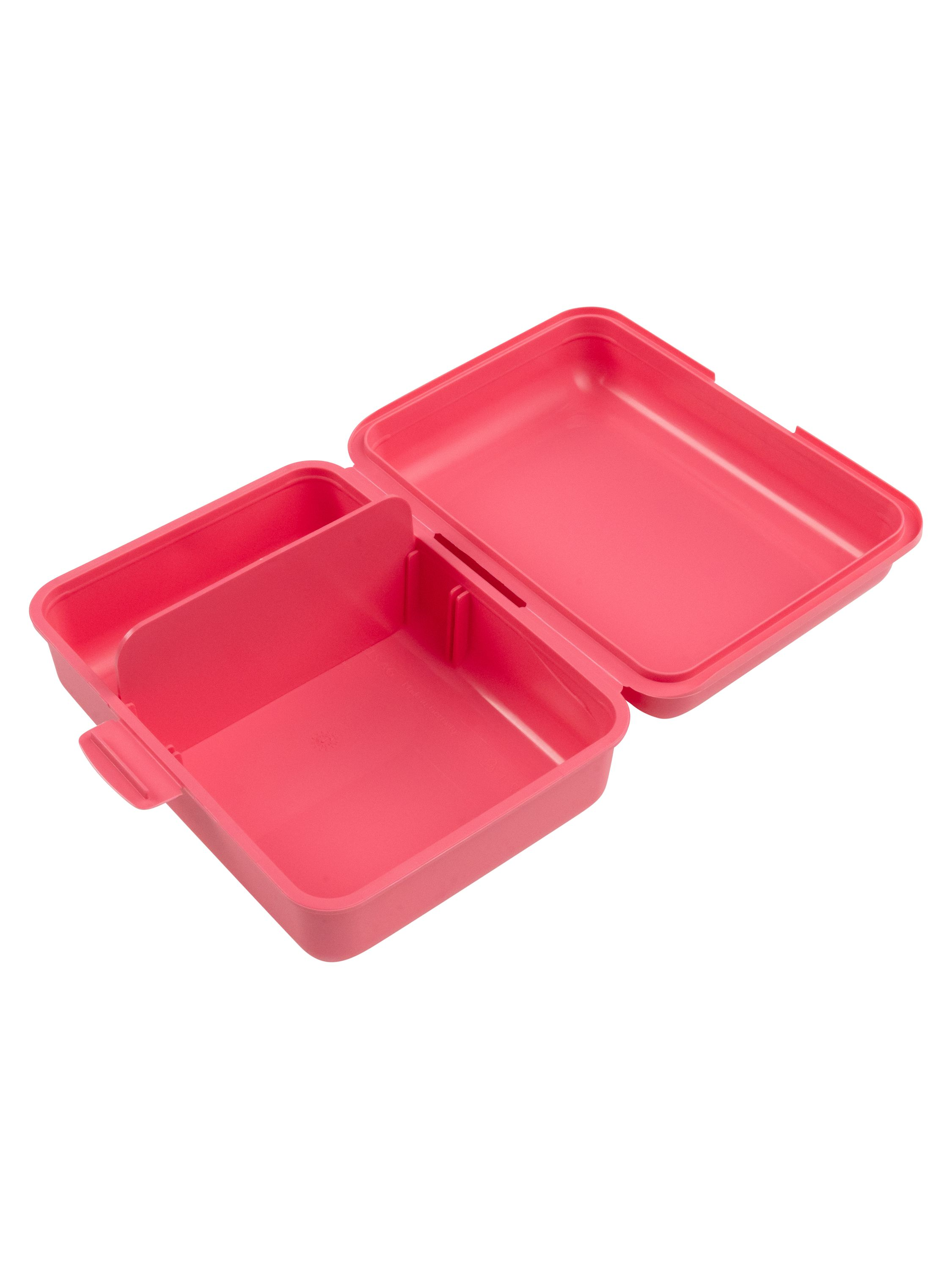 Rosa Brotdose, offen, mit Fächern und Trennwänden.