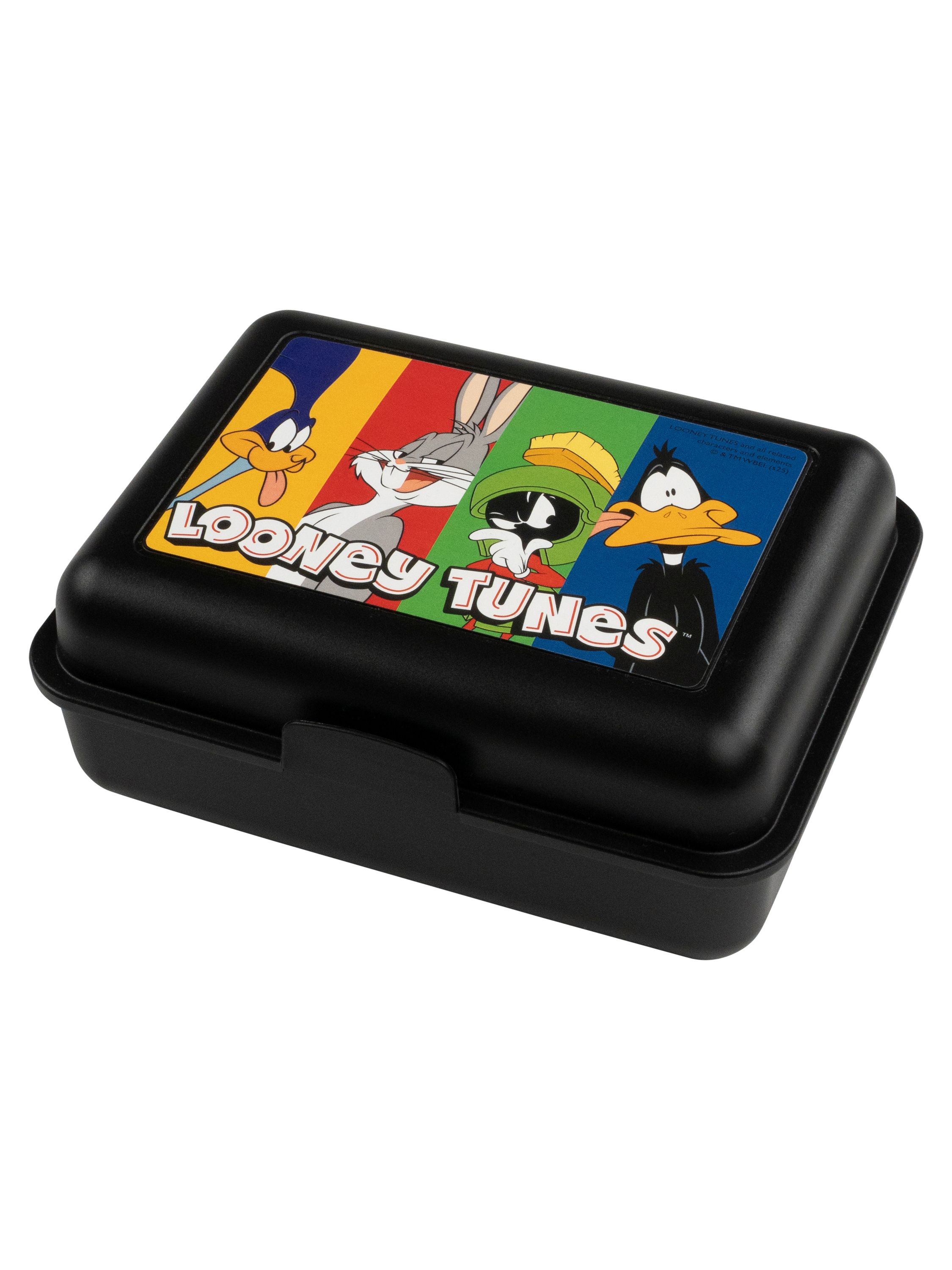 Schwarze Looney Tunes Brotdose mit Charakterbildern auf dem Deckel. Enthält Charaktere wie Bugs Bunny und Daffy Duck.