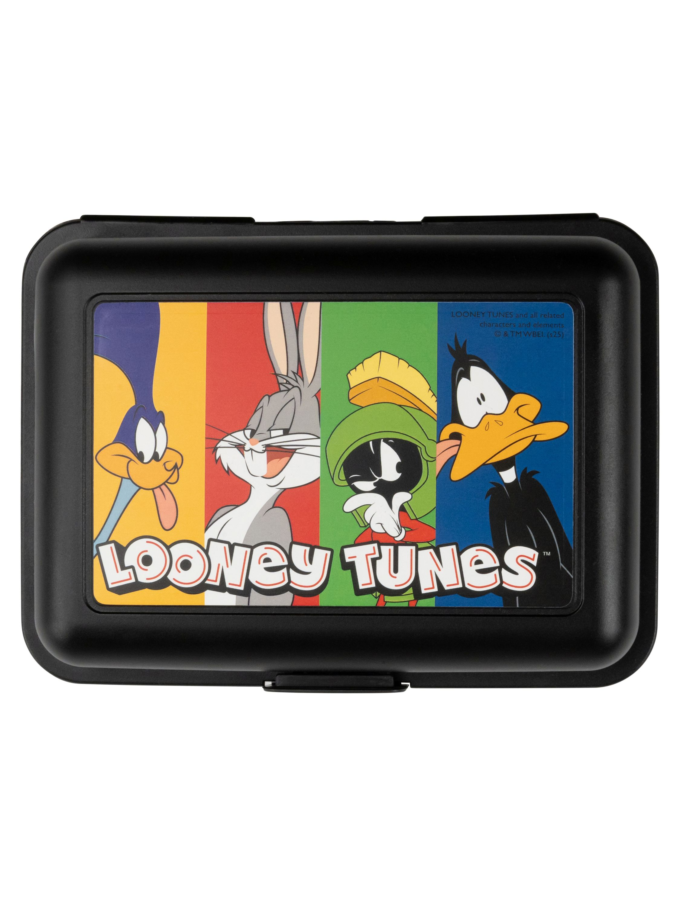 Eine schwarze Brotdose mit Looney Tunes-Charakteren: Road Runner, Bugs Bunny, Marvin der Marsmensch und Daffy Duck.