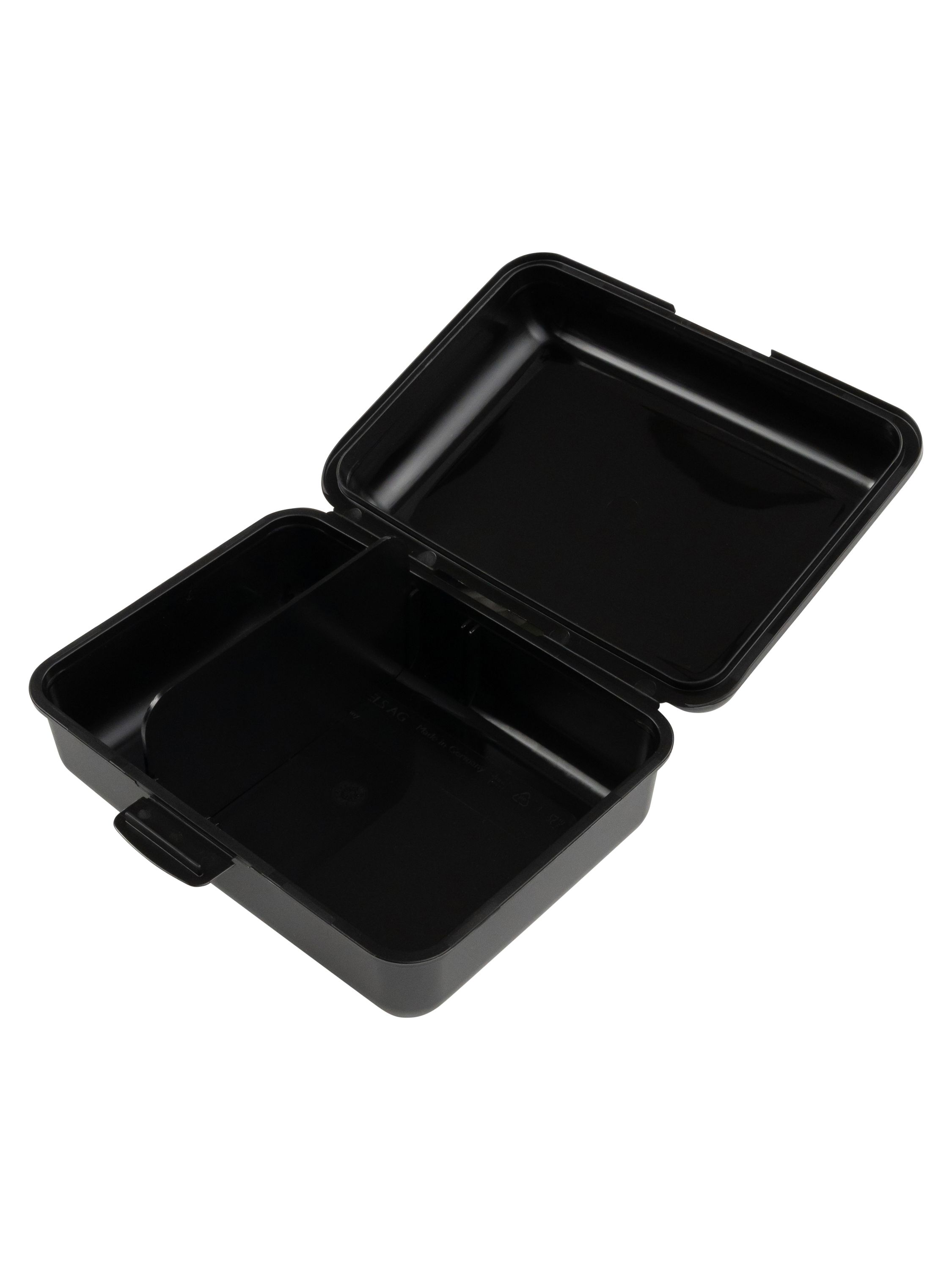 Schwarze Lunchbox, offen, mit zwei Fächern und einem Deckel.