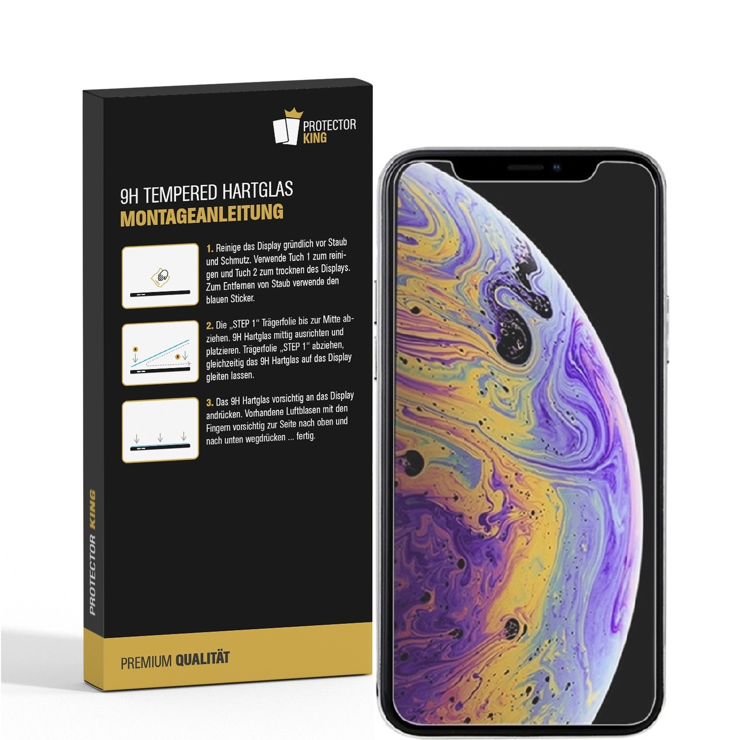 Eine Displayschutzfolienbox und ein Telefon. Die Box zeigt Anweisungen zur Installation der Folie auf dem Display eines Telefons.