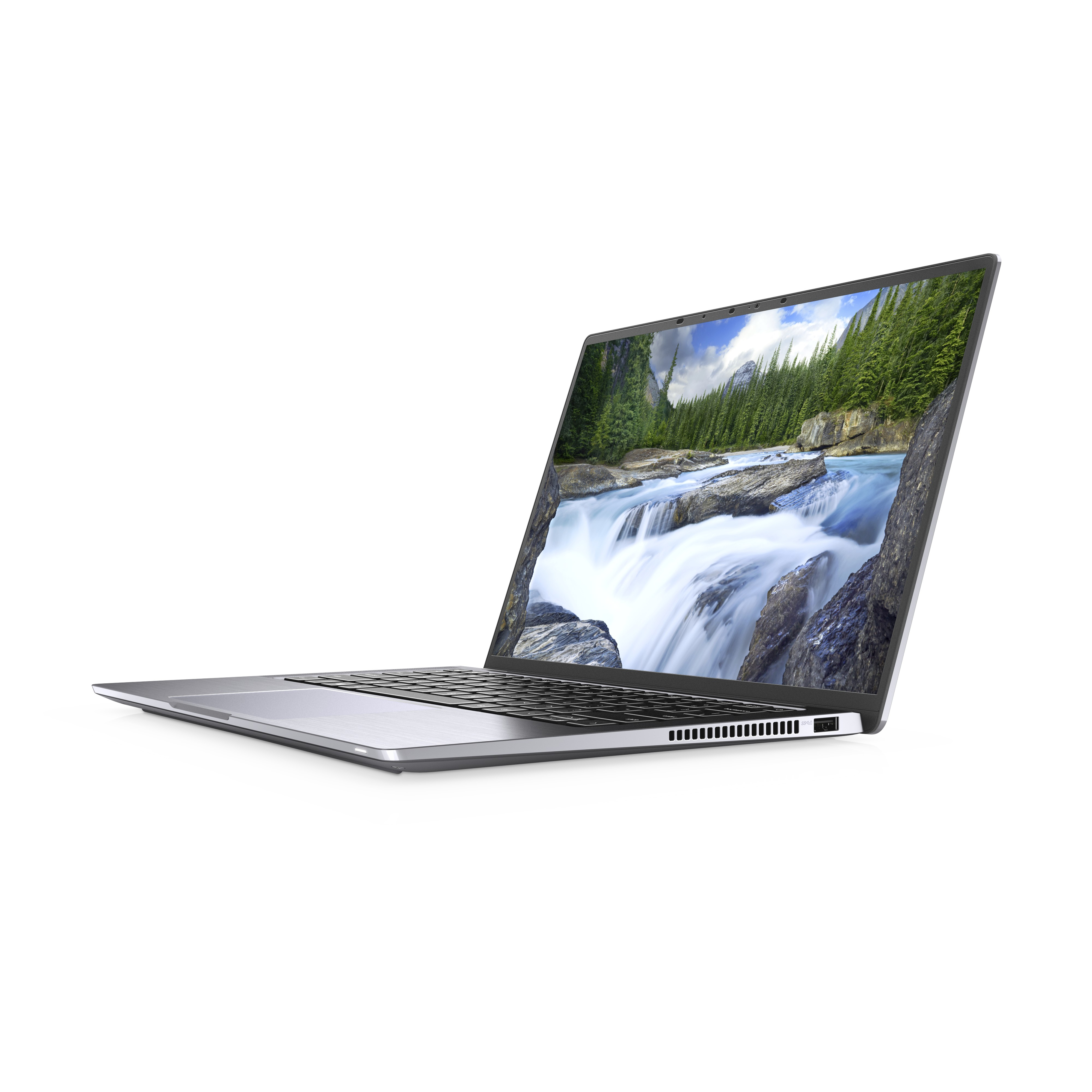 Un laptop argento, aperto, mostra una cascata. Sfondo bianco.