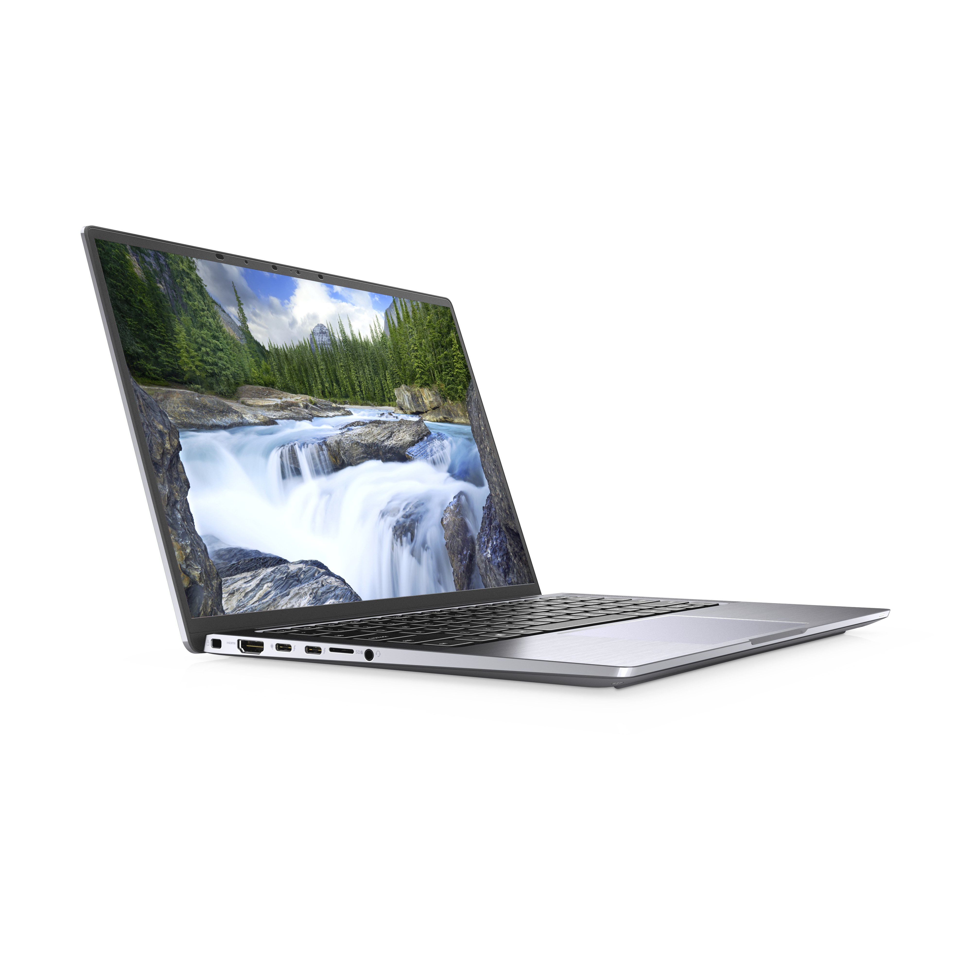 Laptop aperto, angolato. Schermo con cascata. Corpo argento. Sfondo bianco.