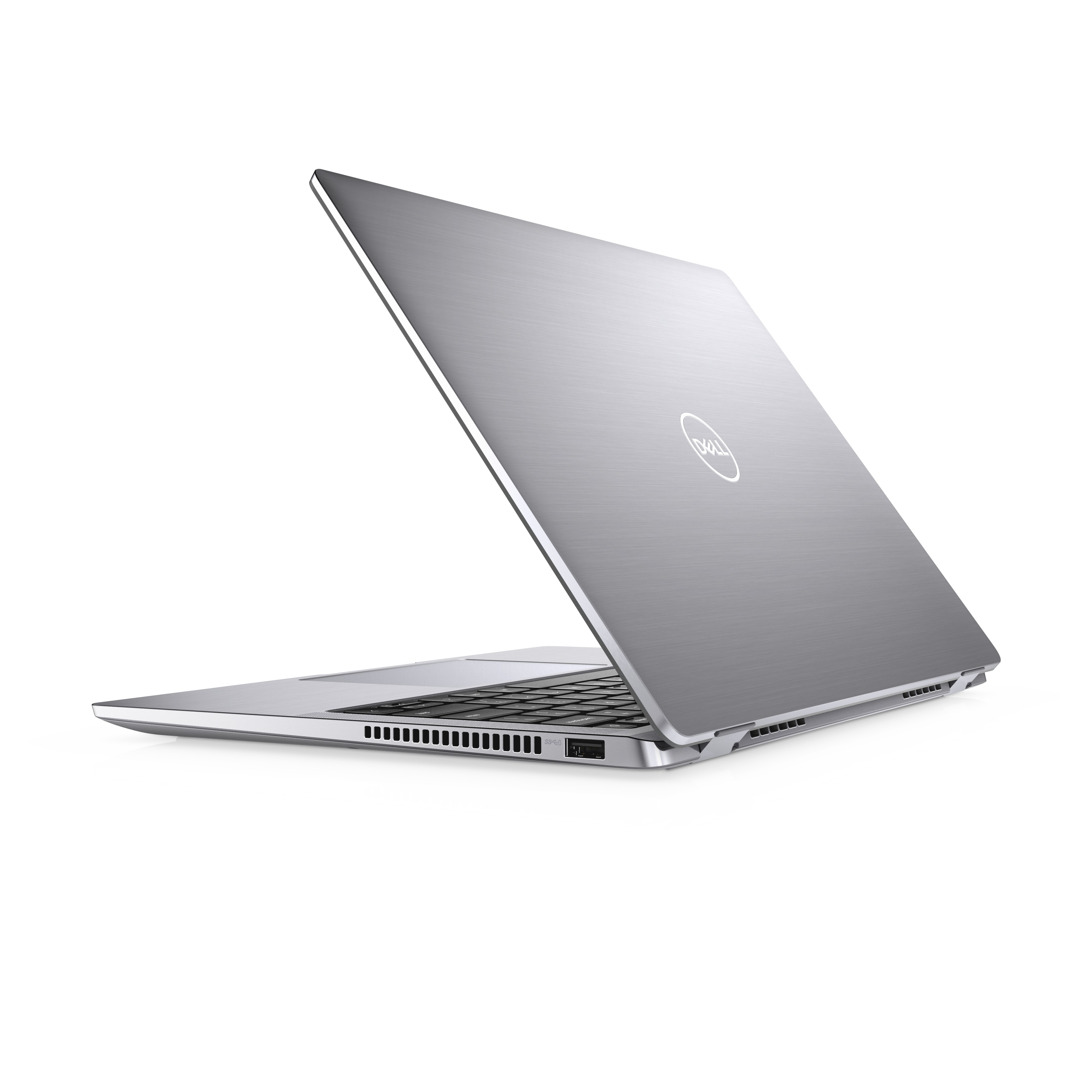 Laptop argento su sfondo bianco. Display aperto ad angolo, tastiera visibile.