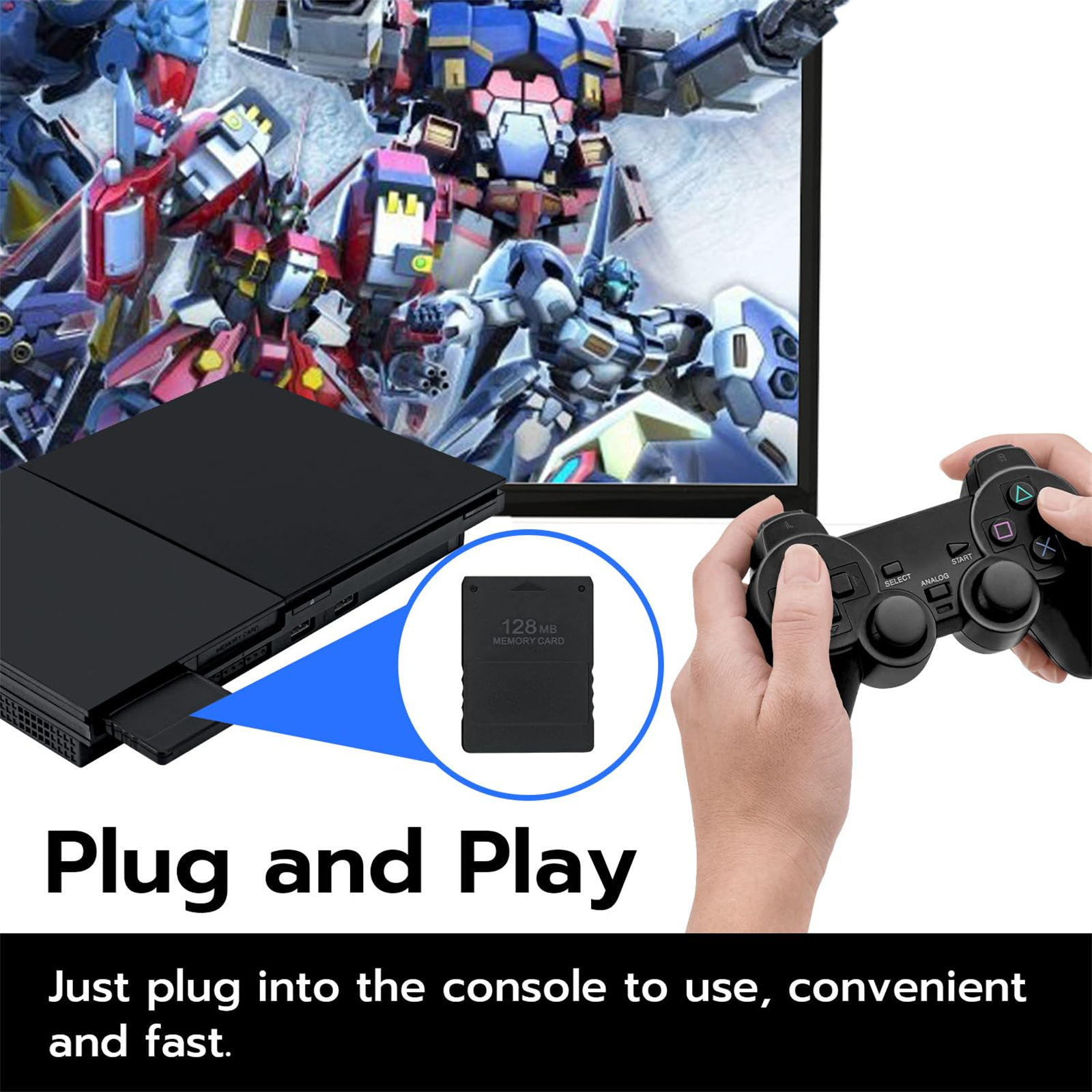 Schwarze Videospielkonsole mit Speicherkarte, Controller und Spiel auf dem Bildschirm.