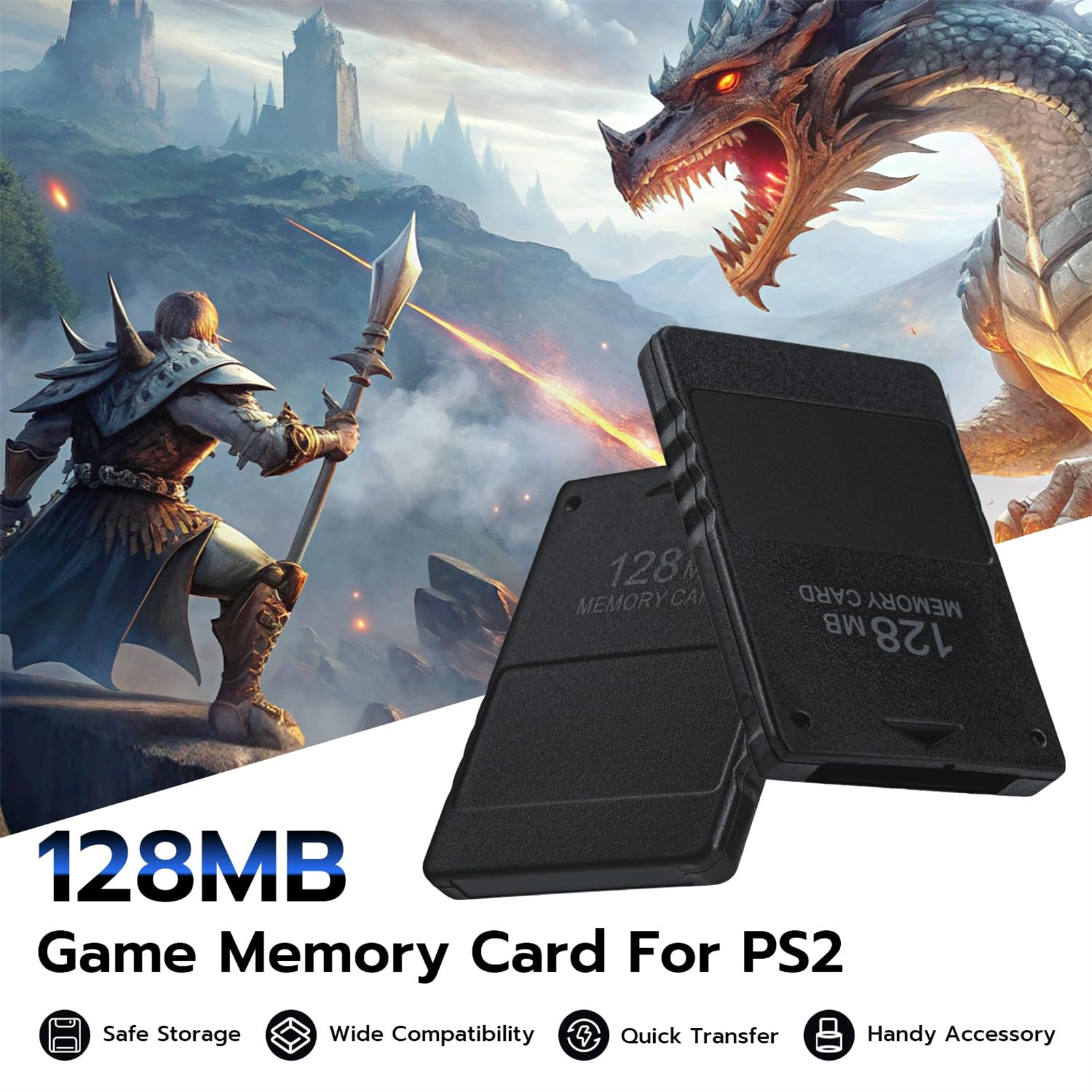 Zwei schwarze Speicherkarten für PS2 mit Fantasy-Hintergrund.