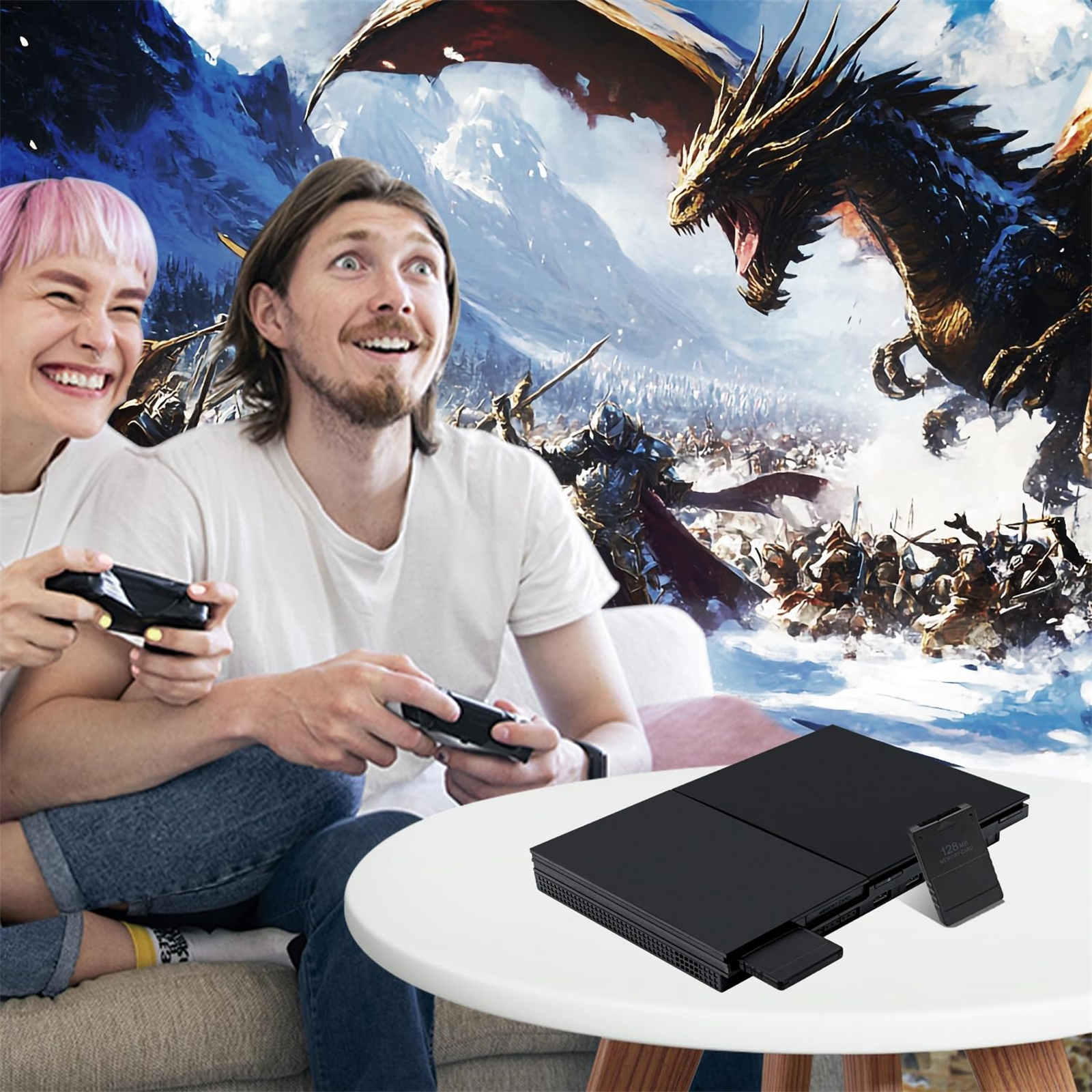Paar spielt Videospiele, Konsole auf Tisch, Fantasy-Szene im Hintergrund.