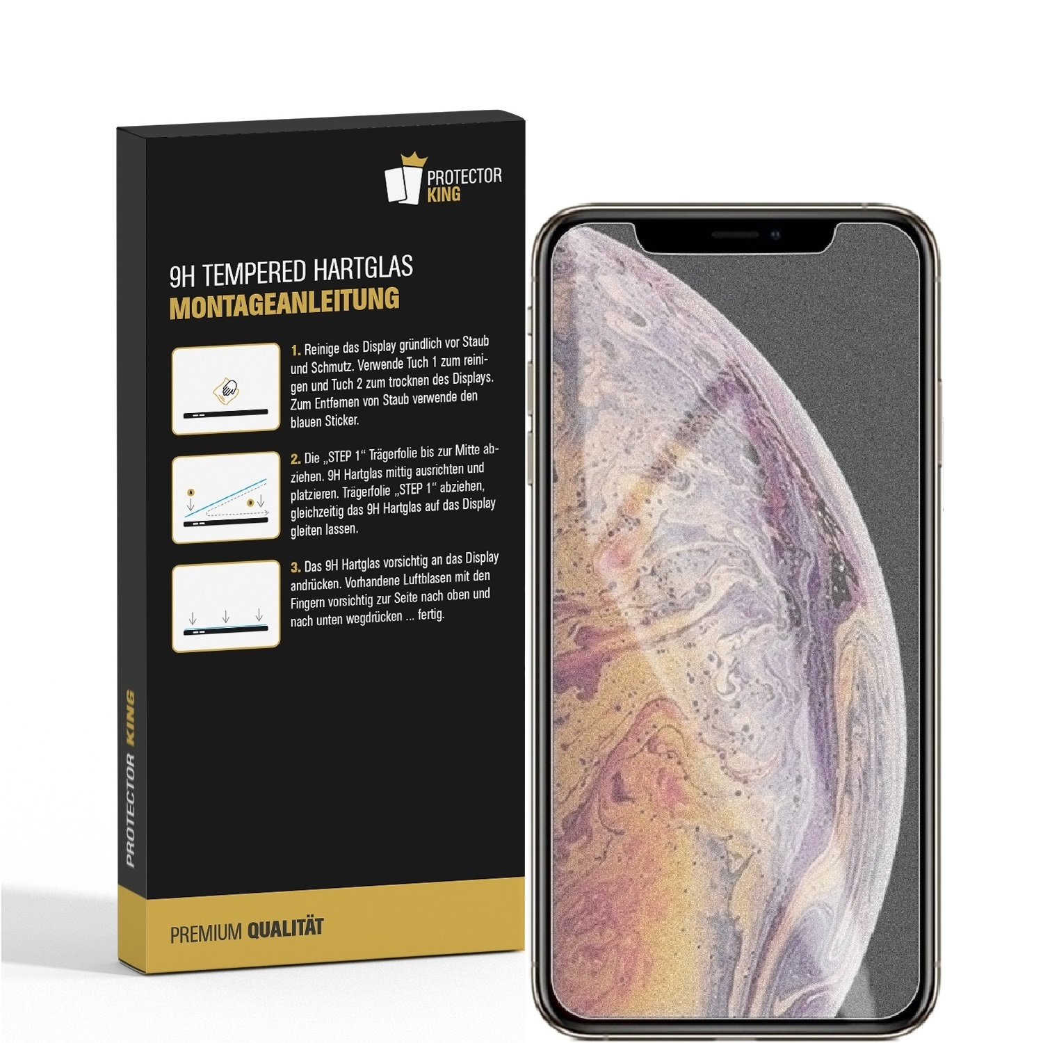 Box mit Panzerglas-Displayschutzfolie und Telefon. Anweisungen und Protector King Logo sichtbar.