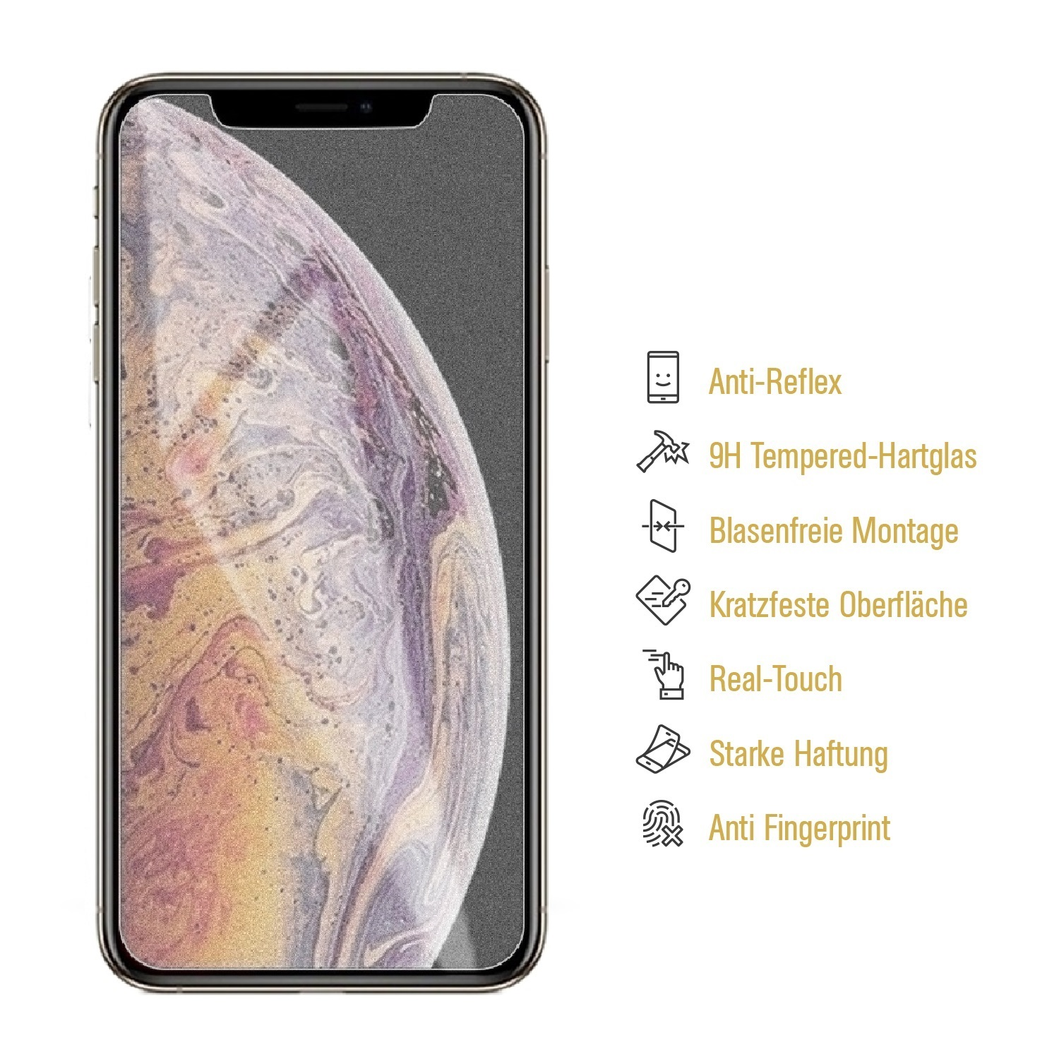Ein Telefon mit Displayschutzfolie, das einen marmorierten Hintergrund zeigt, mit Schutzfunktionen aufgelistet.