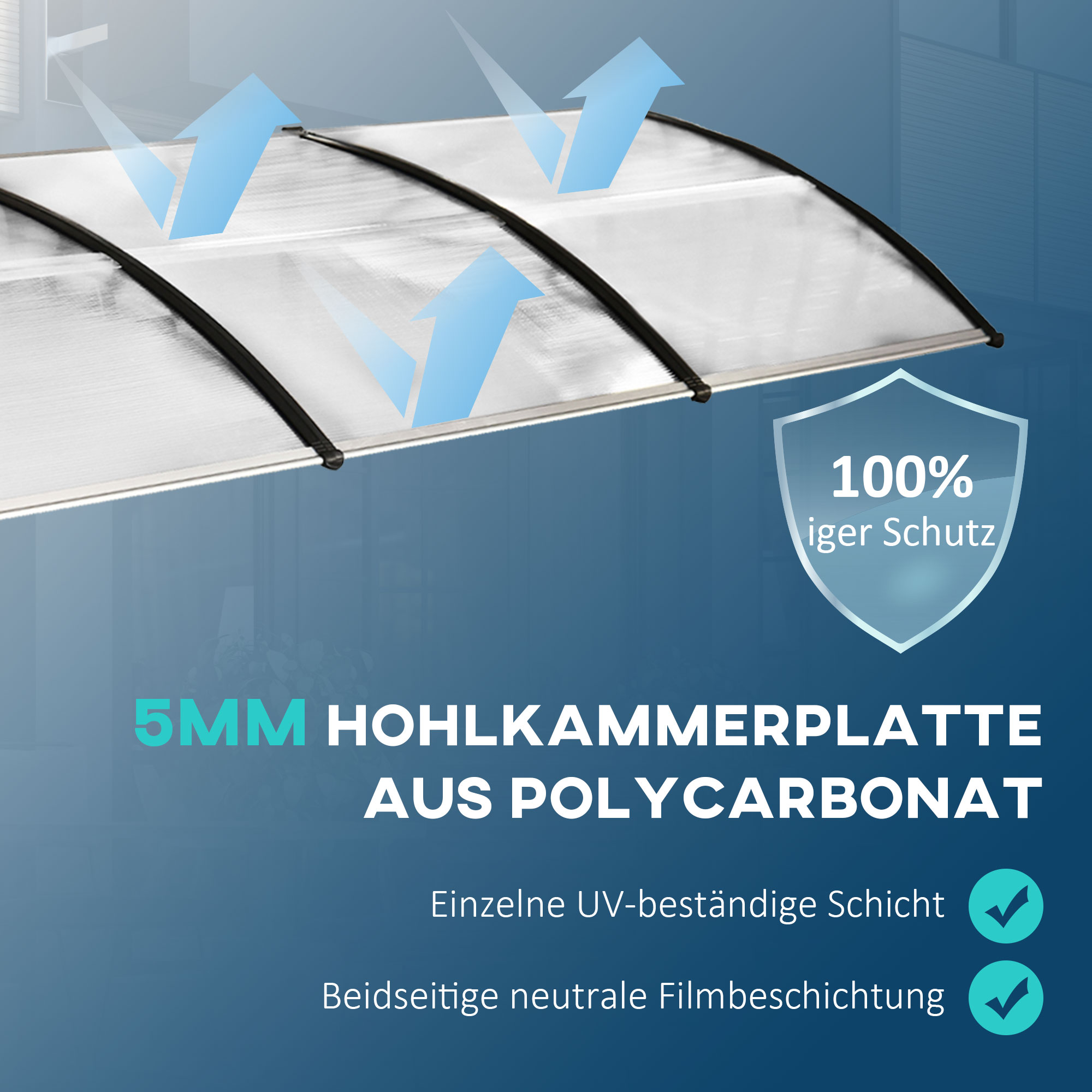 Weißes Polycarbonat-Vordach mit blauen Pfeilen, die Lichtdurchlässigkeit anzeigen, und Text.