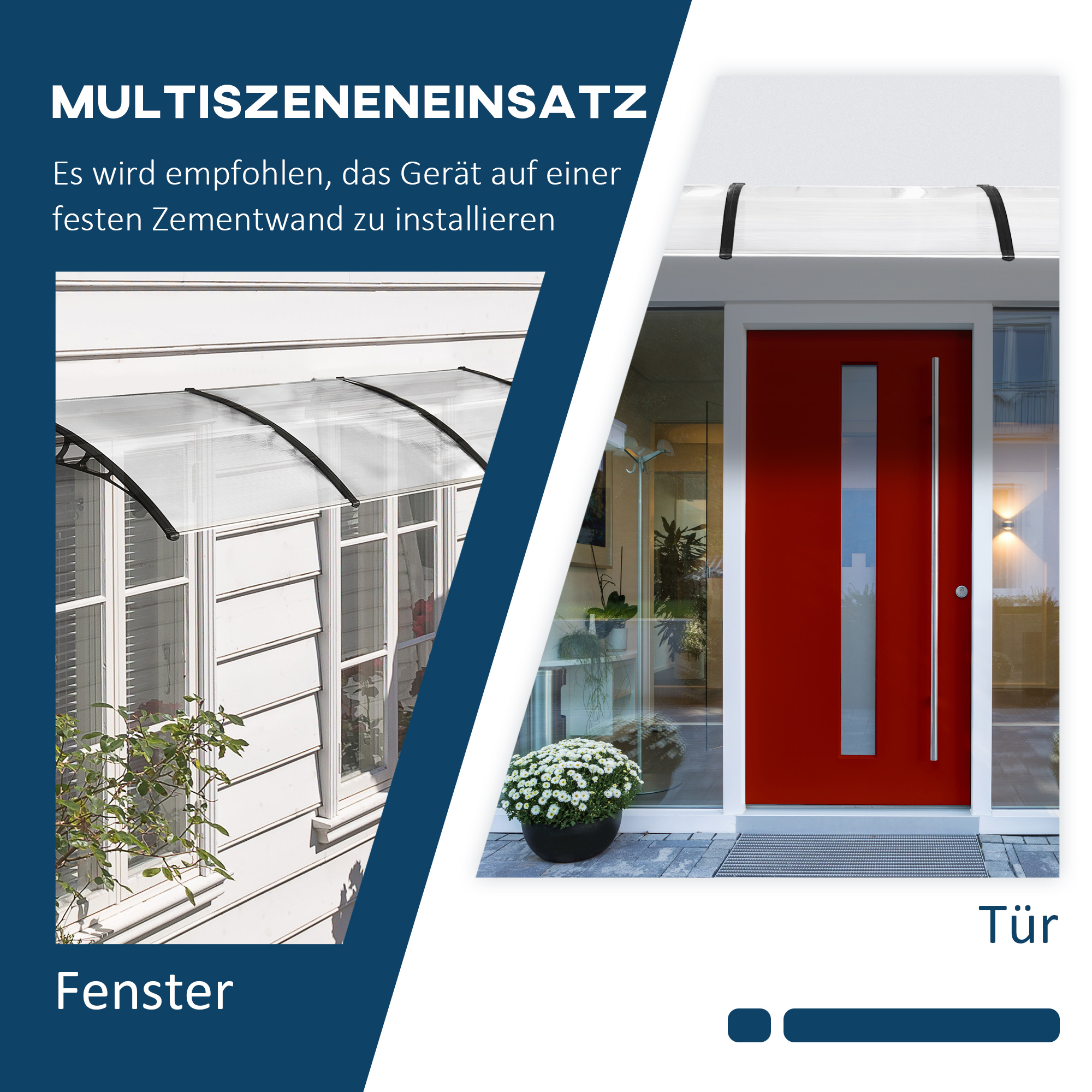 Ein Haus mit roter Tür und ein Fenster mit Vordach werden gezeigt.