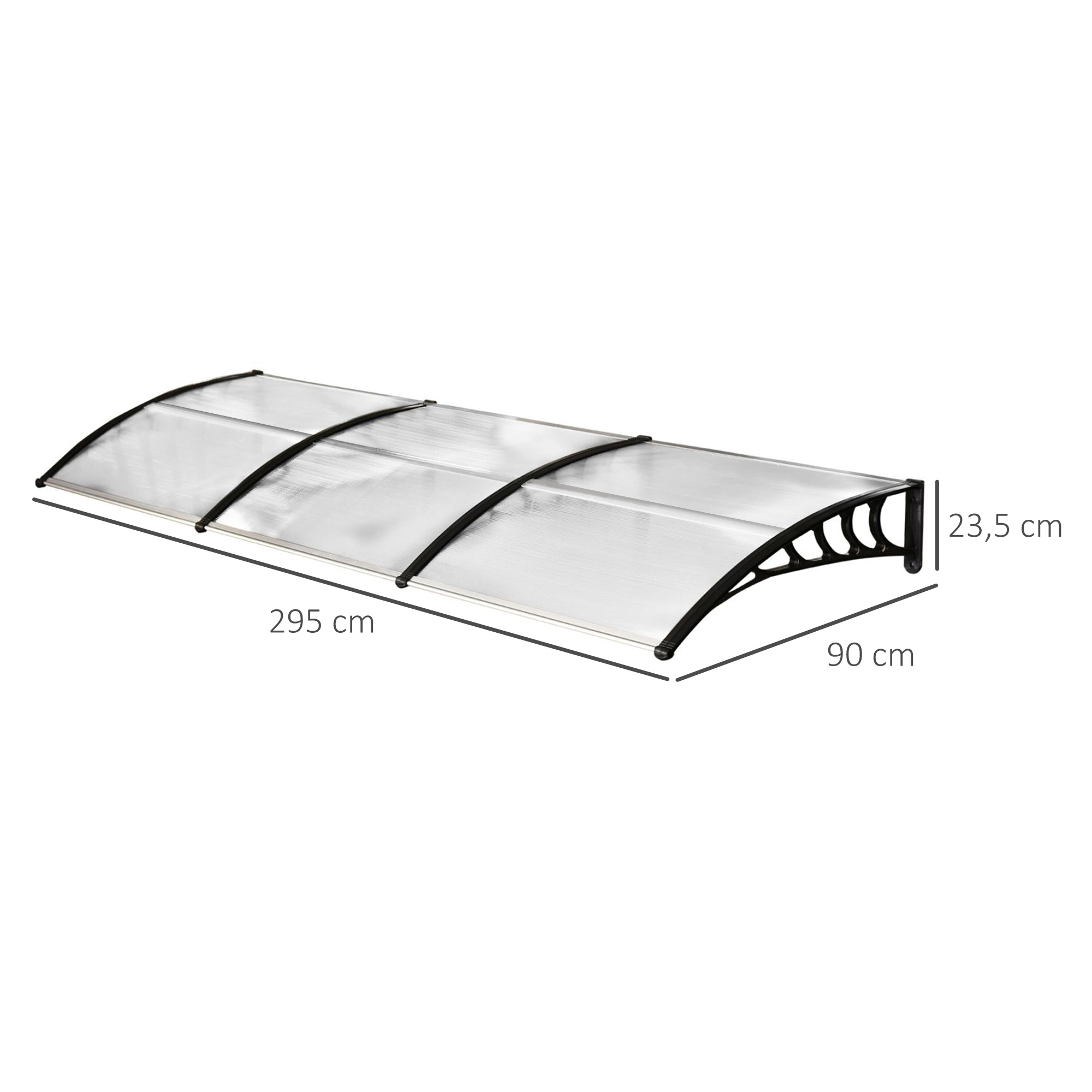 Eine weiße und schwarze Markise. Die Abmessungen sind 295 cm breit, 90 cm tief und 23,5 cm hoch.