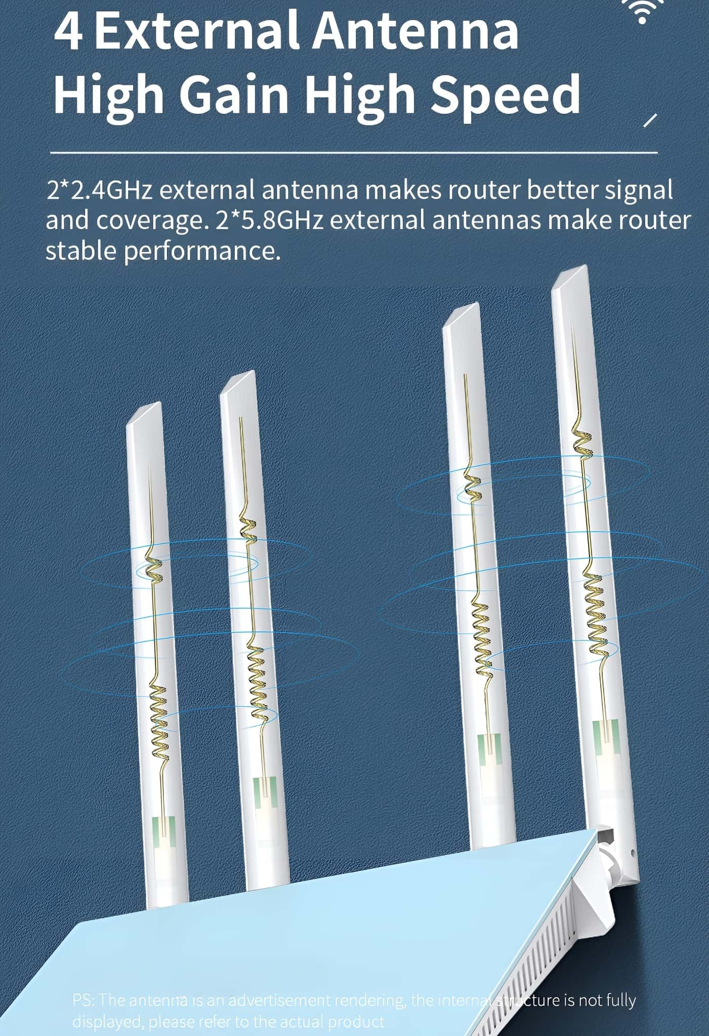 Vier weiße Routerantennen mit blauem Hintergrund und Nahaufnahme des Antennendesigns.