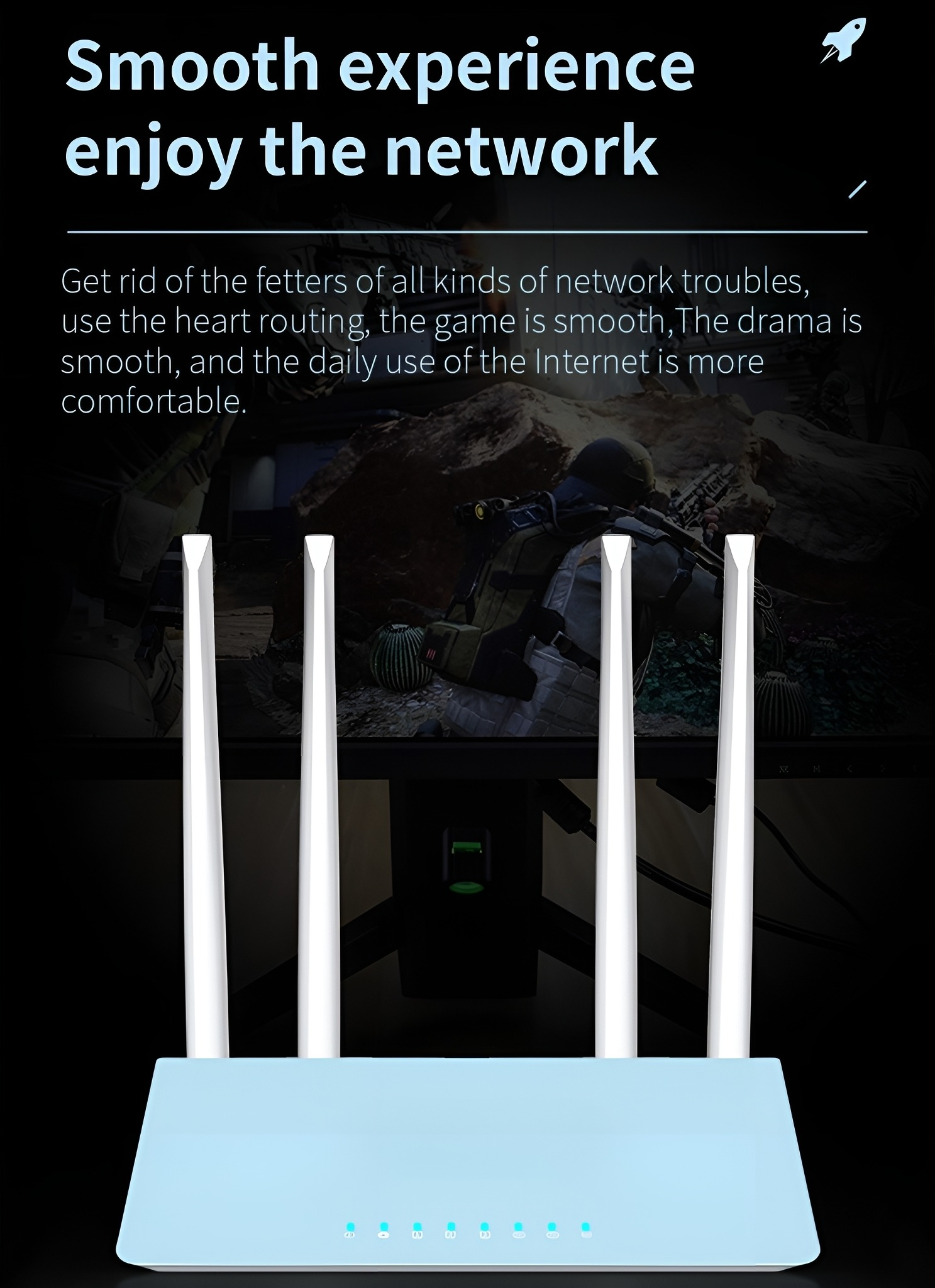 Router mit Antennen und Text: 'Reibungslose Erfahrung genießen Sie das Netzwerk.' Ein Bildschirm im Hintergrund.