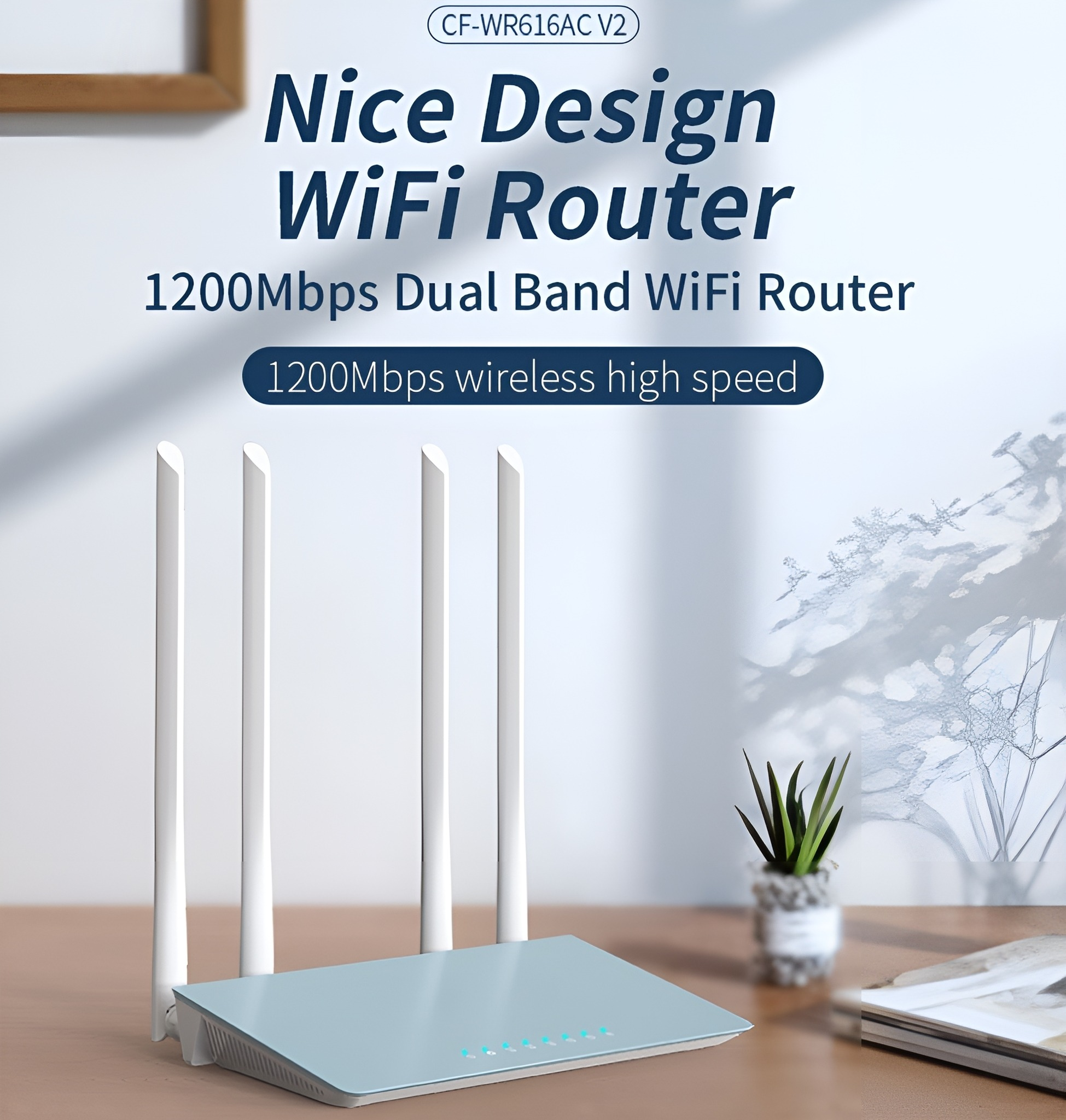 Blauer und weißer WLAN-Router mit vier Antennen, Textüberlagerung und kleine Pflanze.