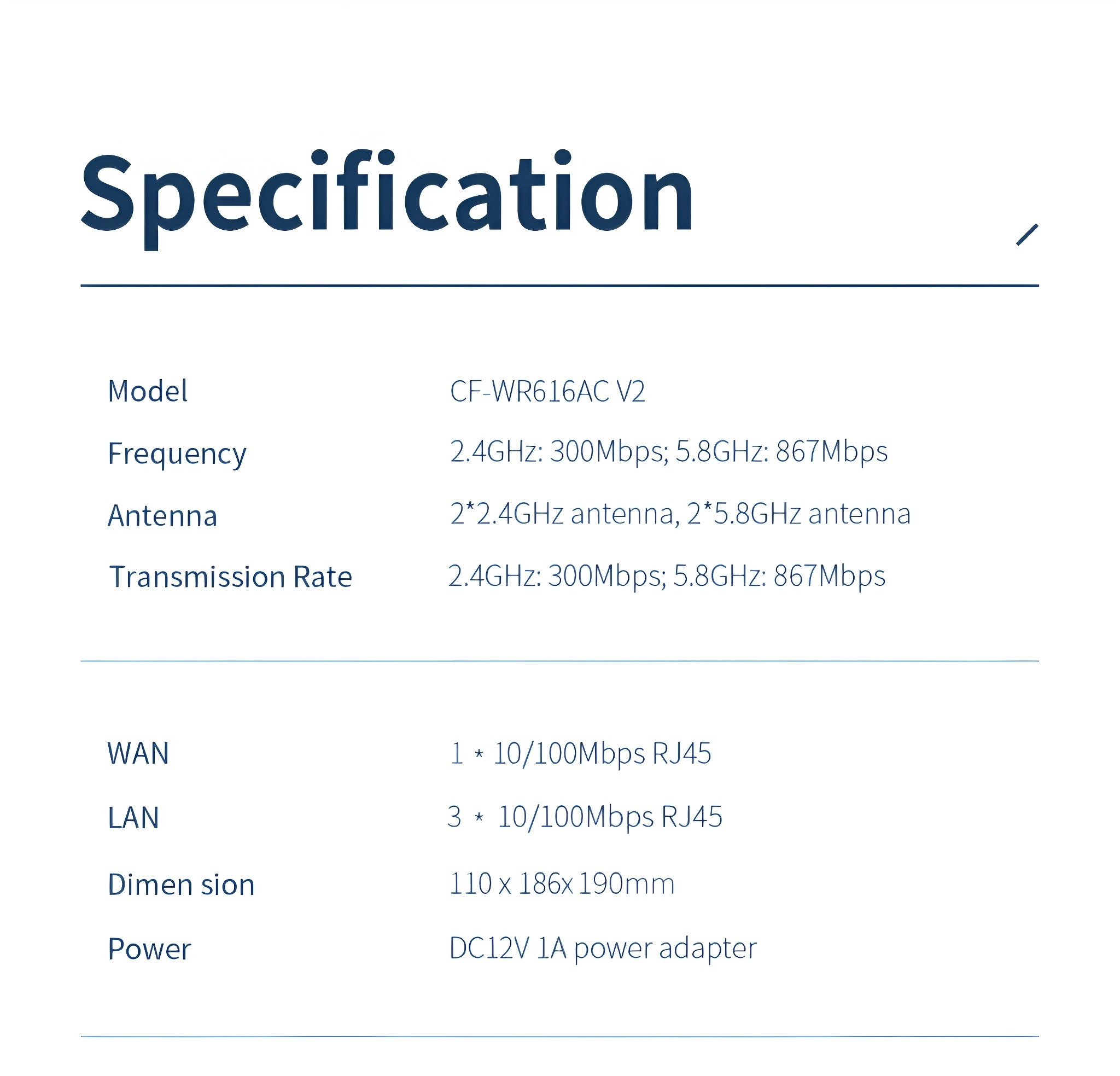 Spezifikationsblatt. Listet Modell, Frequenz, Antenne, Übertragungsrate, WAN, LAN, Abmessung und Leistung auf.