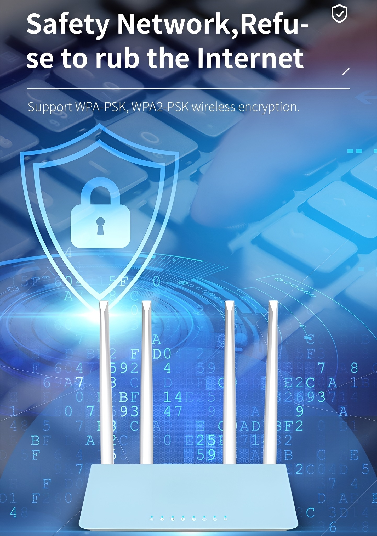Ein Router mit Antennen, der eine digitale Schnittstelle anzeigt. Text weist auf Sicherheit und drahtlose Verschlüsselungsunterstützung hin.