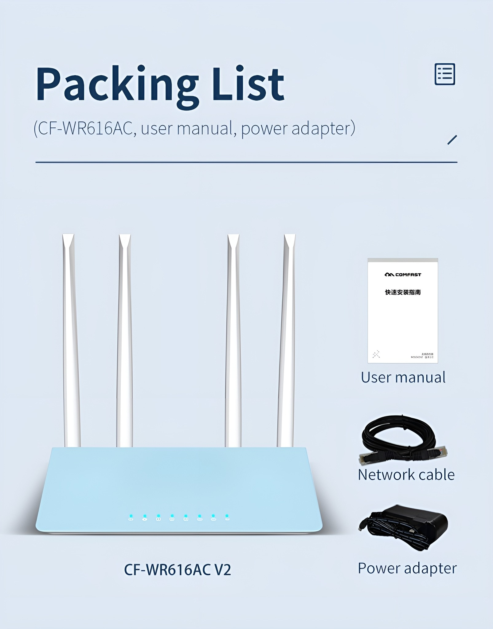 Router mit Antennen, Benutzerhandbuch, Netzwerkkabel und Netzteil auf hellblauem Hintergrund.