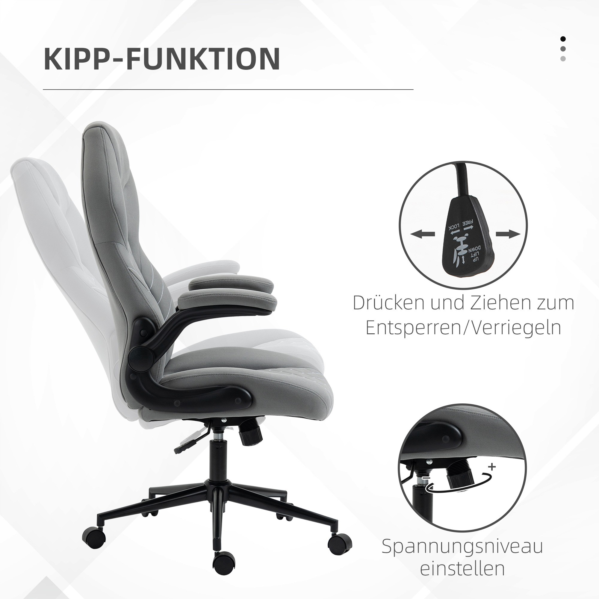 Ein grauer Bürostuhl mit Kippfunktion. Nahaufnahme zeigt, wie man die Spannung einstellt.