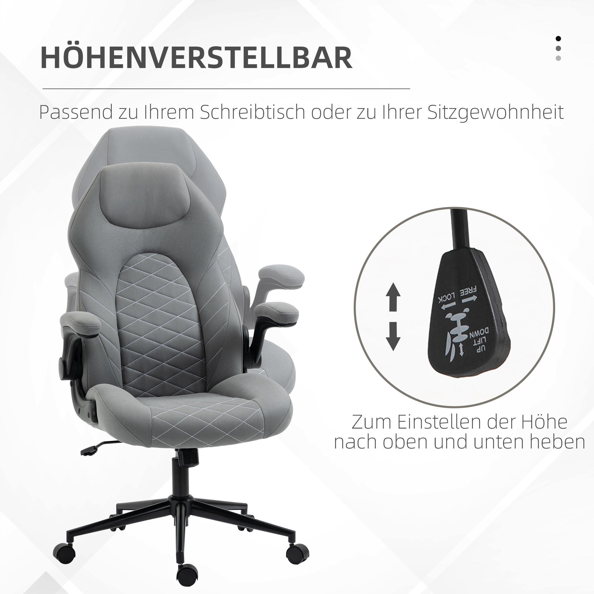 Grauer ergonomischer Bürostuhl mit Rautensteppung, höhenverstellbar, schwarzes Gestell.