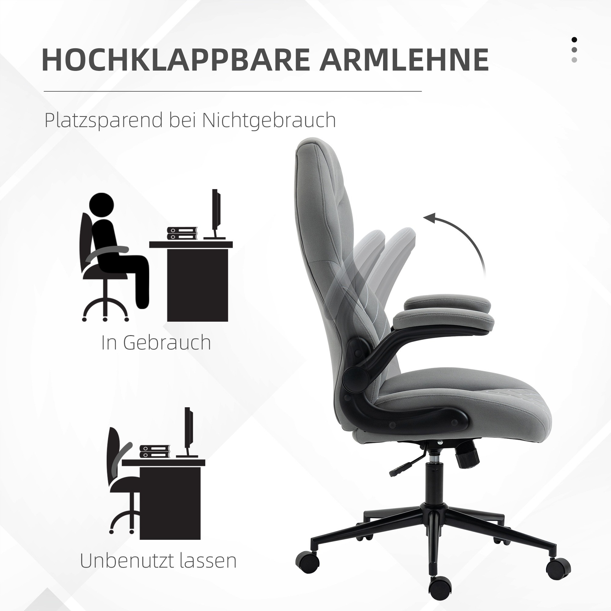 Grauer Bürostuhl mit klappbaren Armlehnen, in Gebrauch und unbenutzt dargestellt.