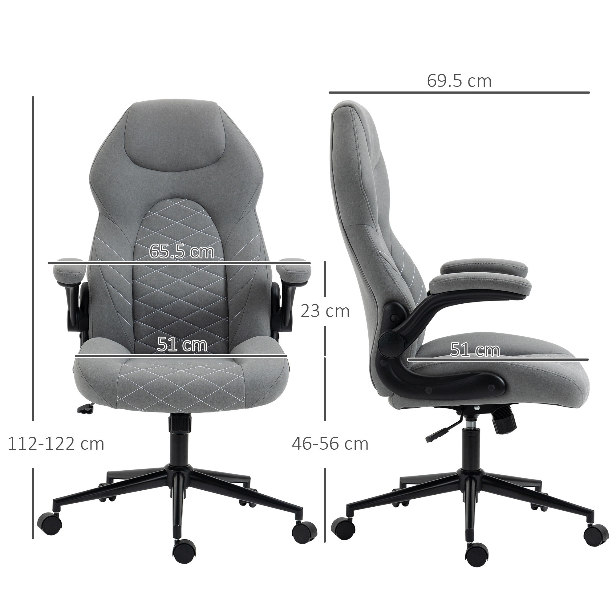 Ein grauer ergonomischer Stuhl mit Maßangaben, Vorder- und Seitenansicht. Der Stuhl hat Räder und Armlehnen.