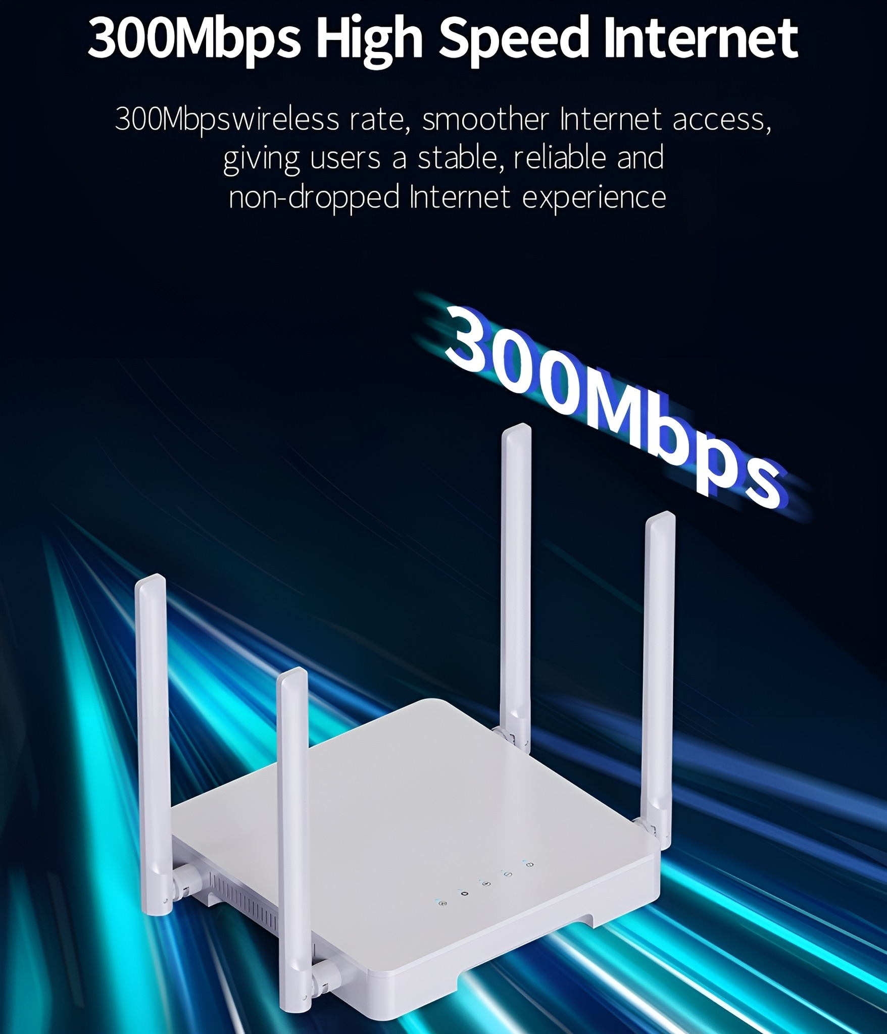 Weißer Router mit Antennen und 300Mbit/s-Text. Der Hintergrund hat blaue Lichtstreifen.