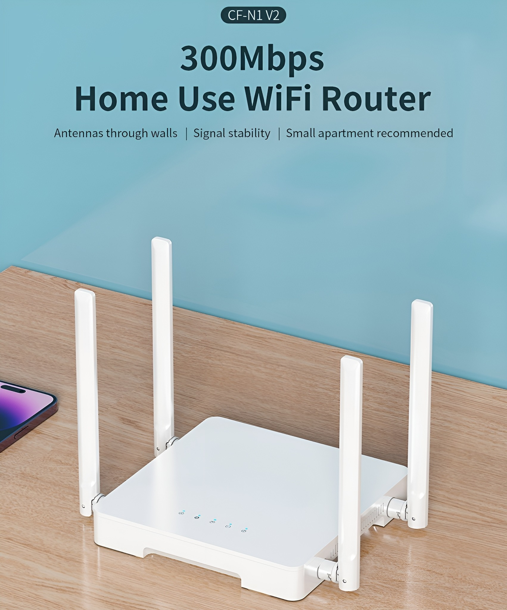 Weißer WLAN-Router für den Heimgebrauch mit vier Antennen auf Holzoberfläche.
