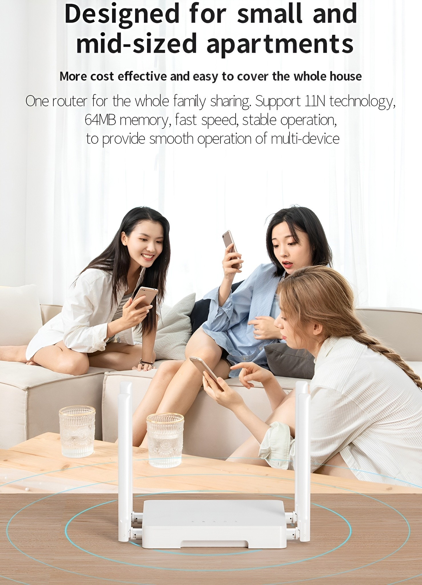 Drei Frauen benutzen Smartphones, sitzen in der Nähe eines Routers auf einem Tisch.