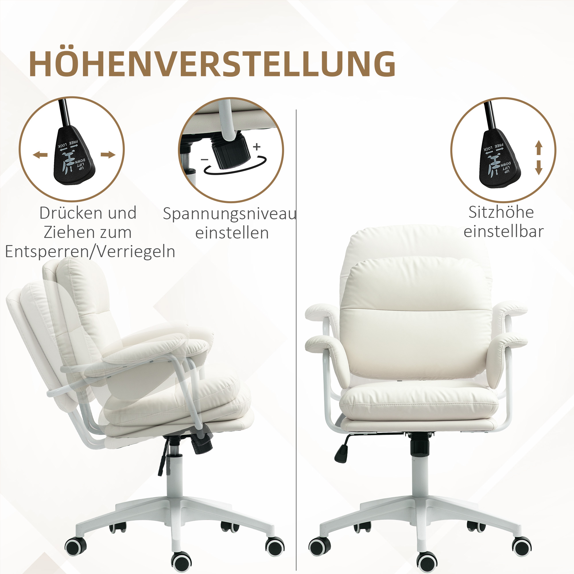 Diagramm zur Einstellung eines weißen Bürostuhls. Enthält Details zur Höhen- und Spannungseinstellung.