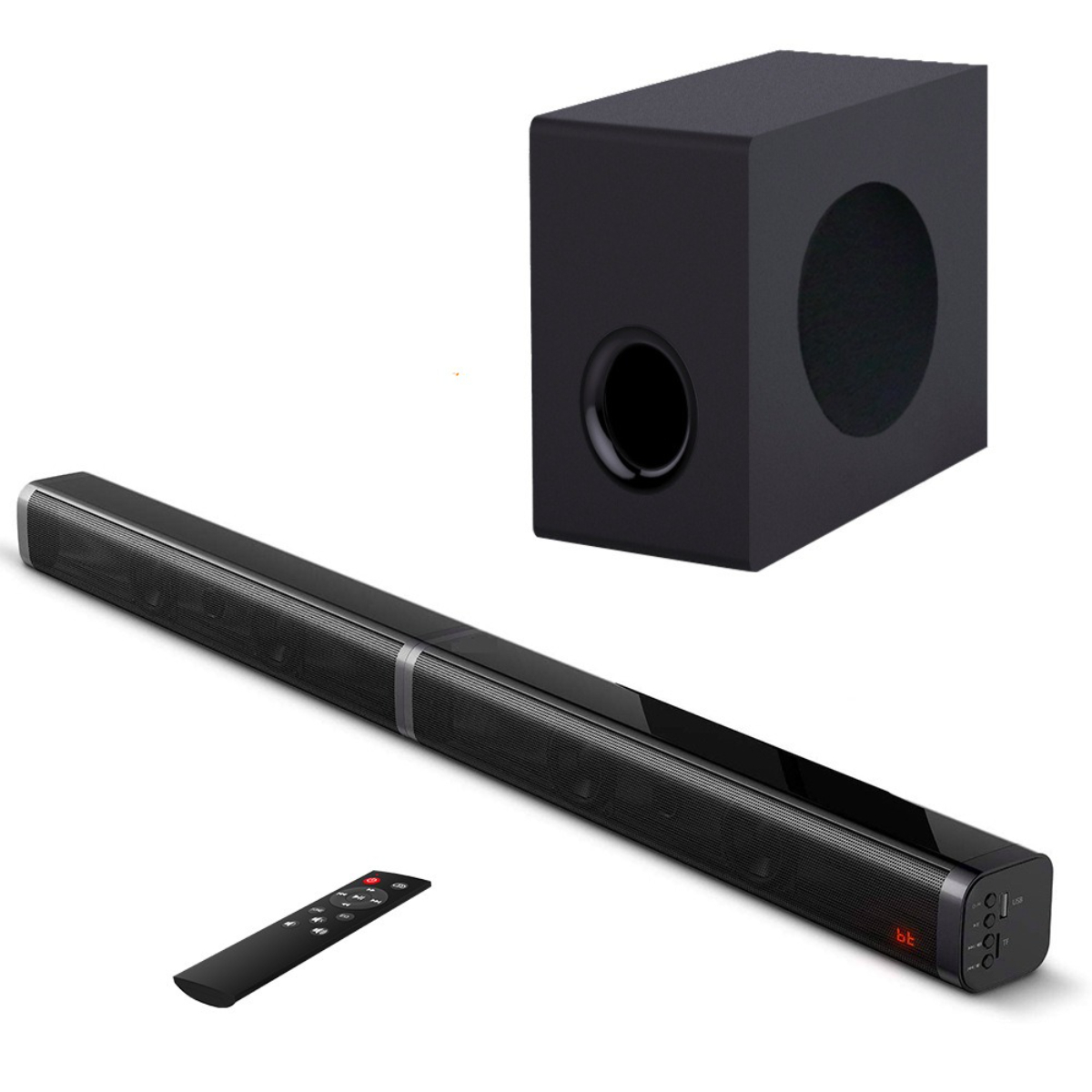 Schwarze Soundbar, Subwoofer und Fernbedienung. Die Soundbar ist lang und rechteckig. Der Subwoofer ist ein schwarzer Würfel.