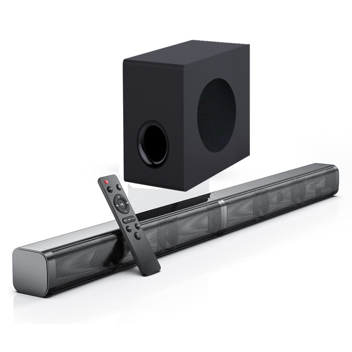 Schwarze Soundbar, Subwoofer und Fernbedienung auf weißem Hintergrund. Die Soundbar ist im Vordergrund.