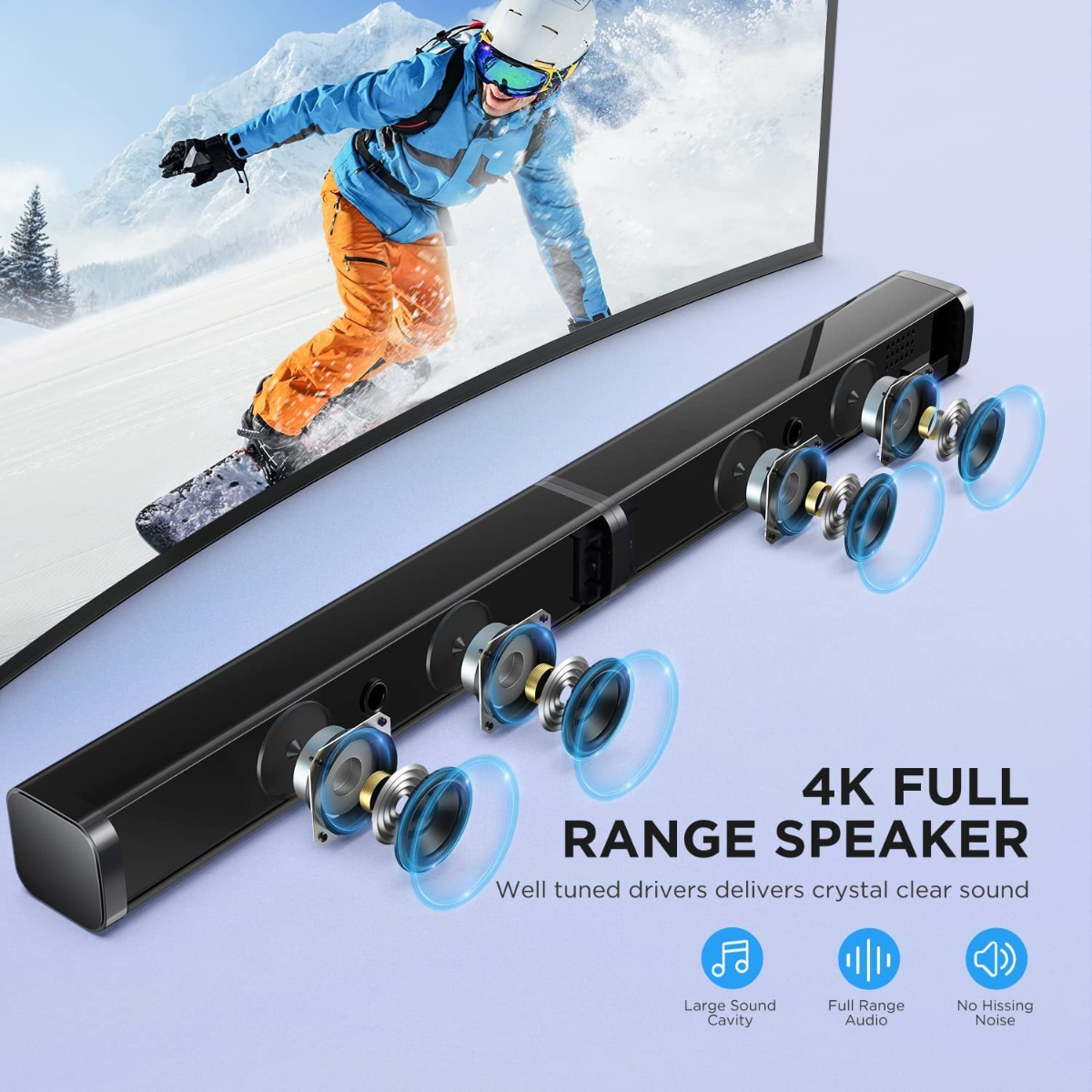 Schwarze Soundbar mit Lautsprechern und 4K FULL RANGE SPEAKER-Text. Eine schneebedeckte Szene dahinter.