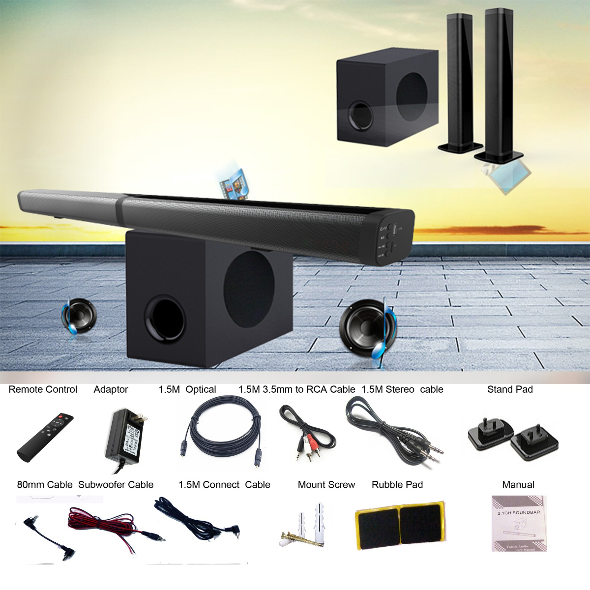 Soundbar-System mit Subwoofer, Lautsprechern, Fernbedienung, Kabeln und Zubehör.
