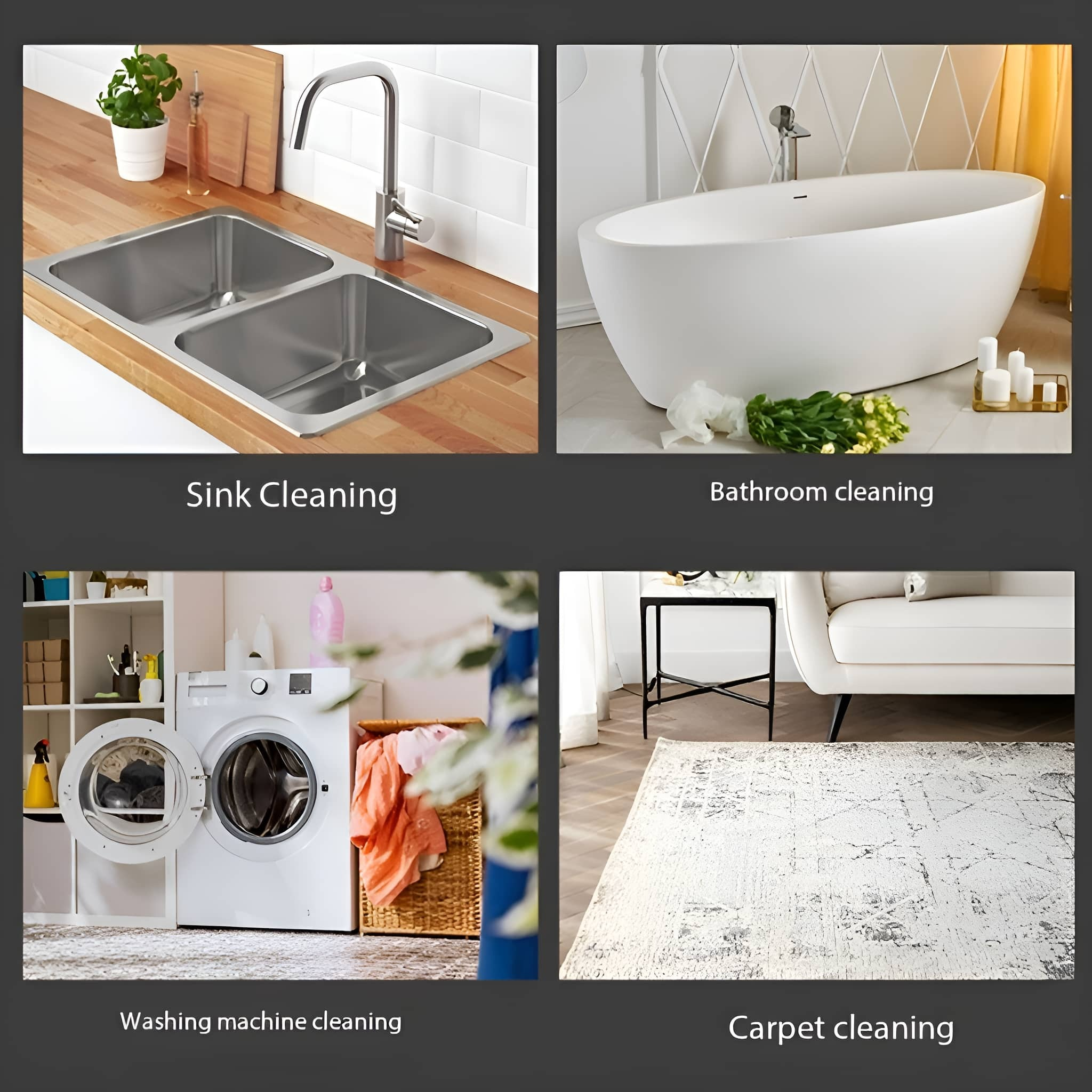 Collage von Reinigungsbildern: Waschbecken, Badezimmer, Waschmaschine und Teppichreinigung.
