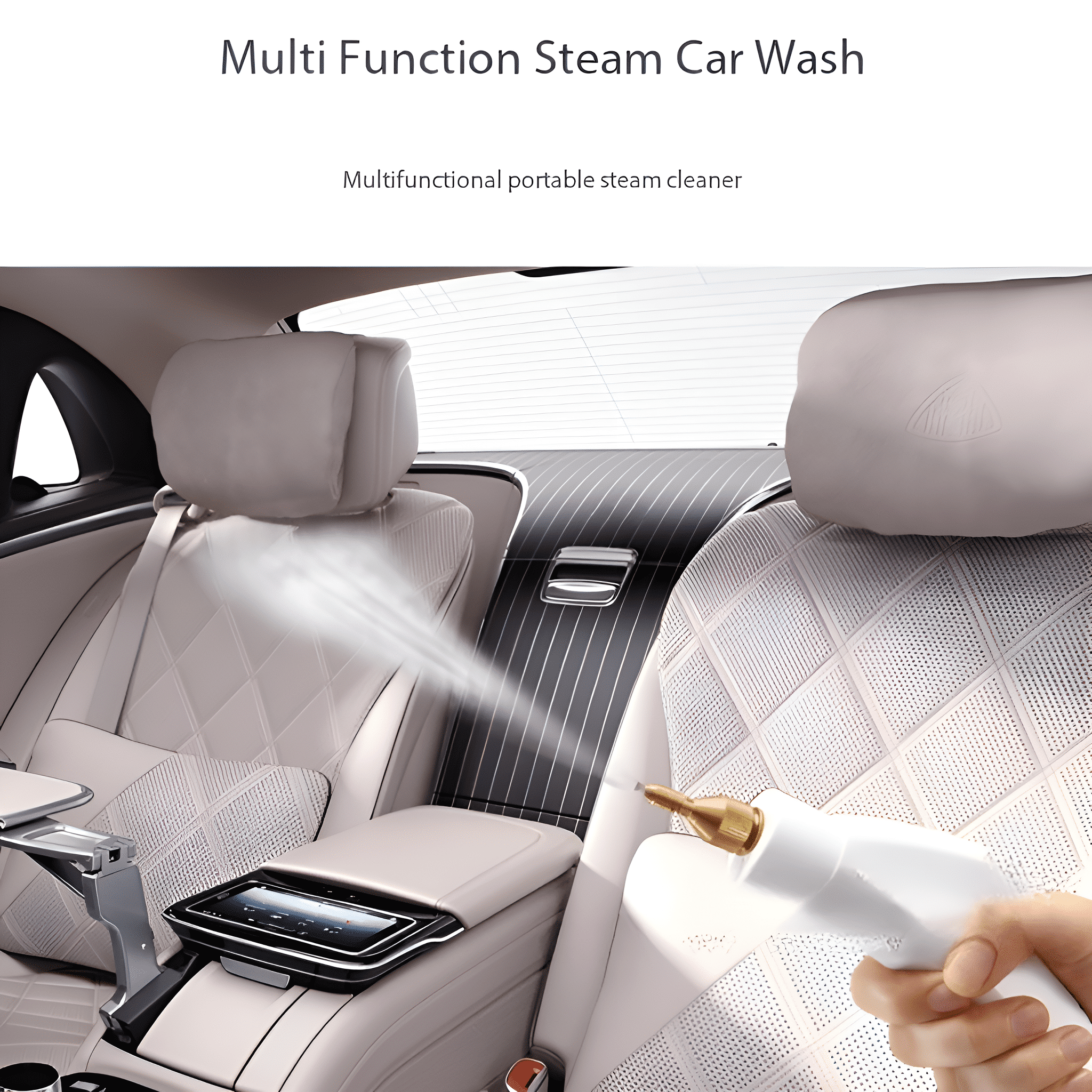 Ein Autointerieur wird mit einem Dampfreiniger gereinigt. Das Interieur ist beige.