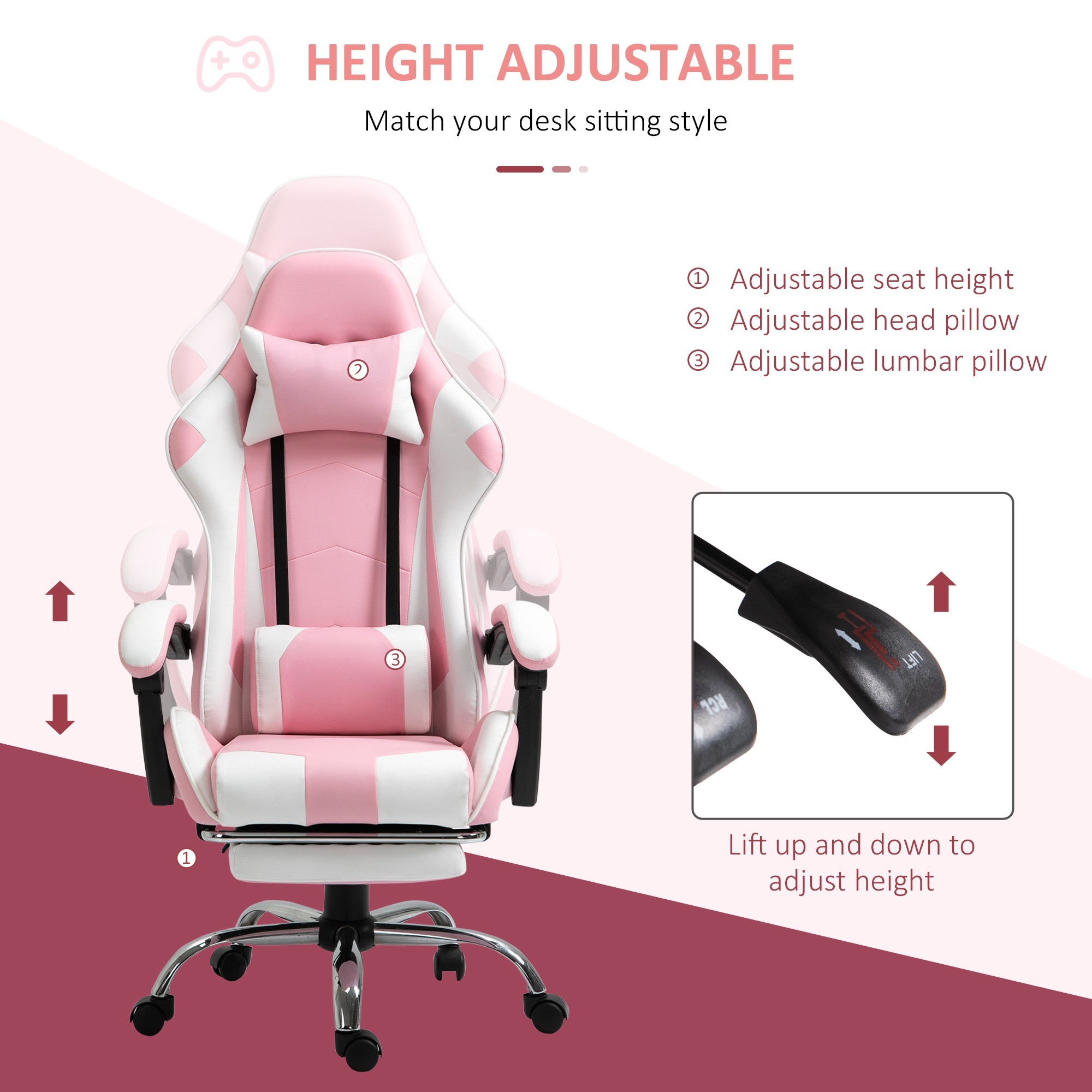 Ein pink-weißer Gaming-Stuhl mit verstellbarer Sitzhöhe, Kopf- und Lendenkissen. Ein Bedienfeld ist gezeigt.