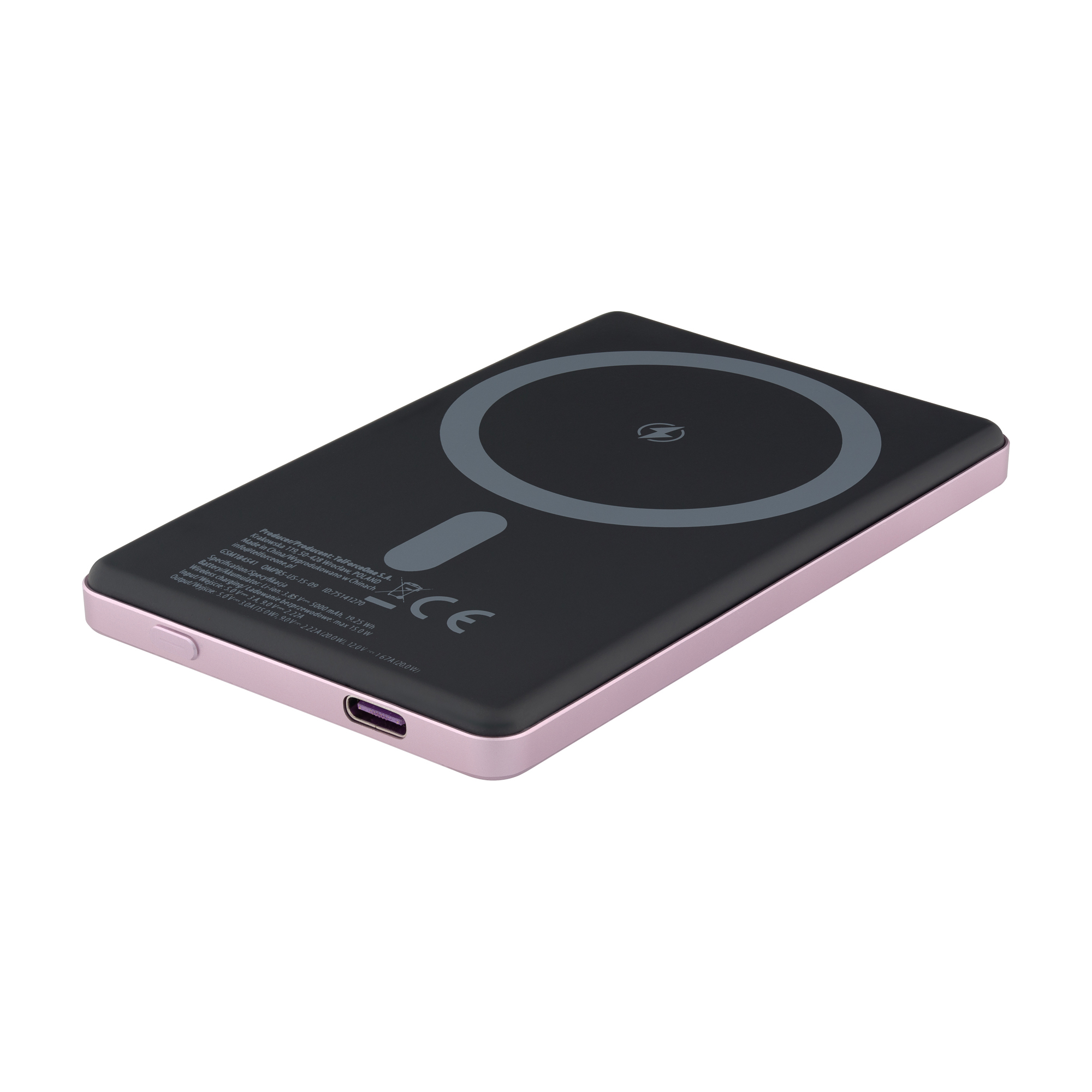 Czarna i różowa ładowarka bezprzewodowa z okręgiem ładowania i tekstem.