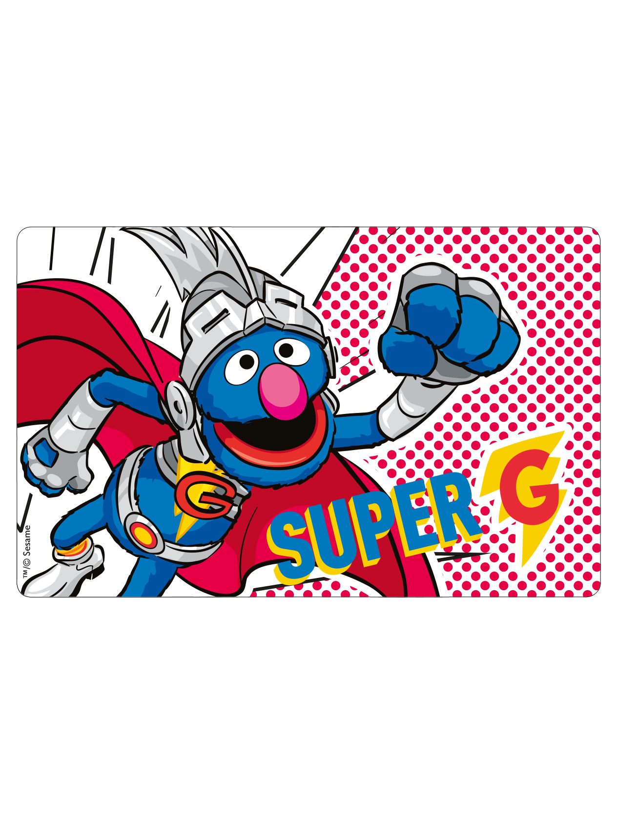 Super Grover im Superhelden-Kostüm mit rotem Umhang und Blitz.