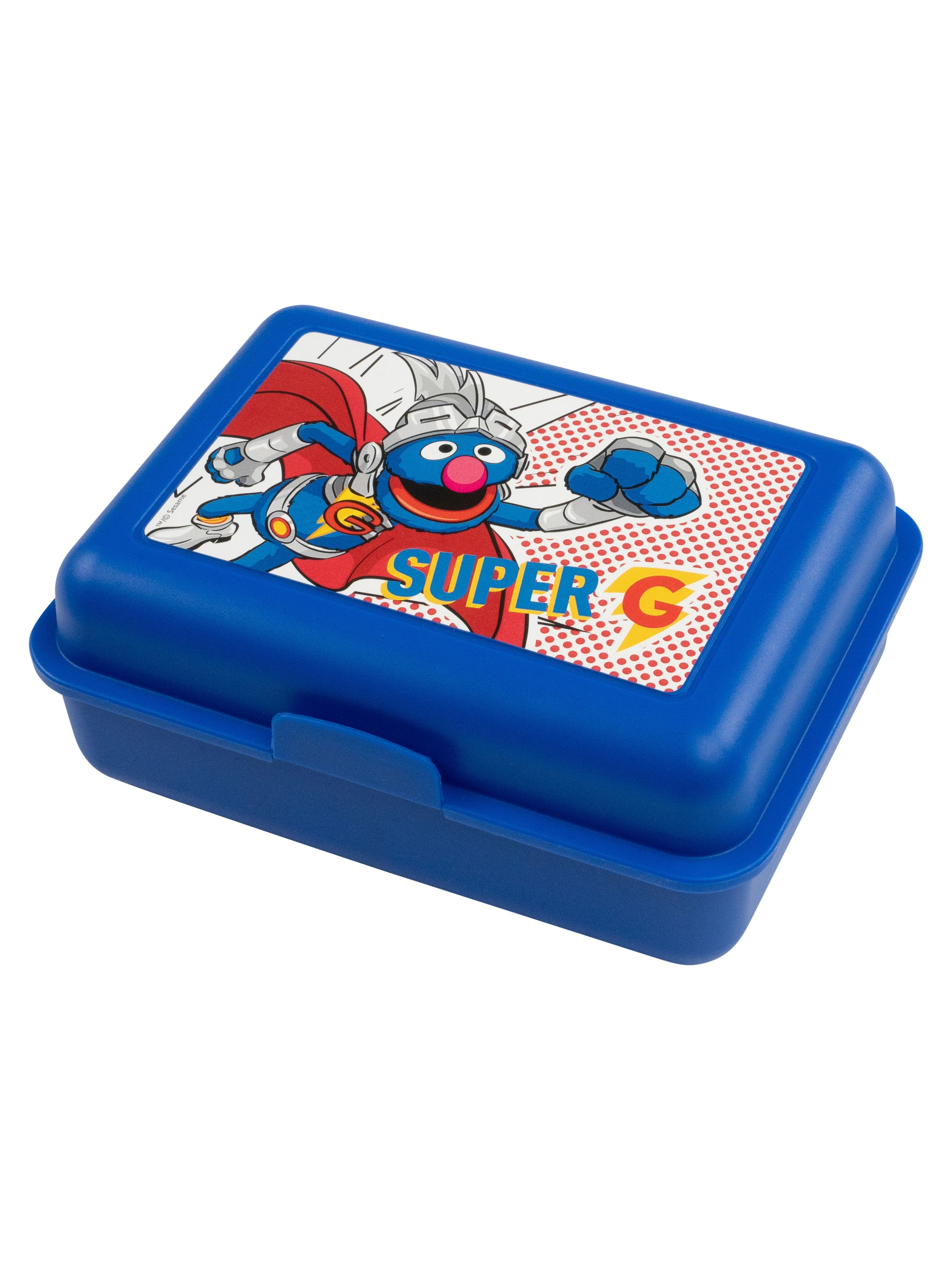 Blaue Brotdose mit einem Sesamstraßen-Charakter. Die Figur trägt einen Umhang und hat ein Superhelden-Logo.