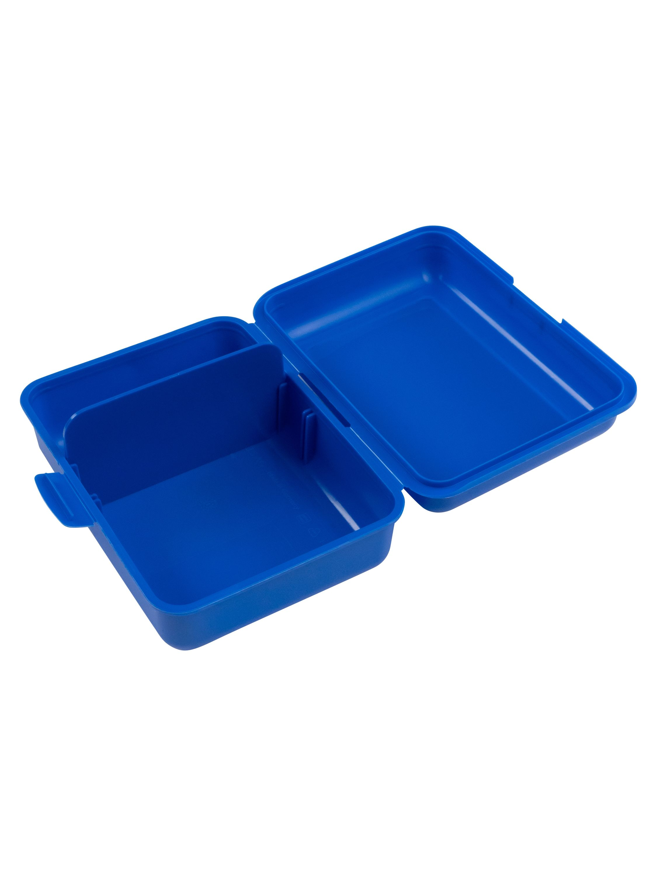 Offene blaue Brotdose mit Fächern, von oben betrachtet.