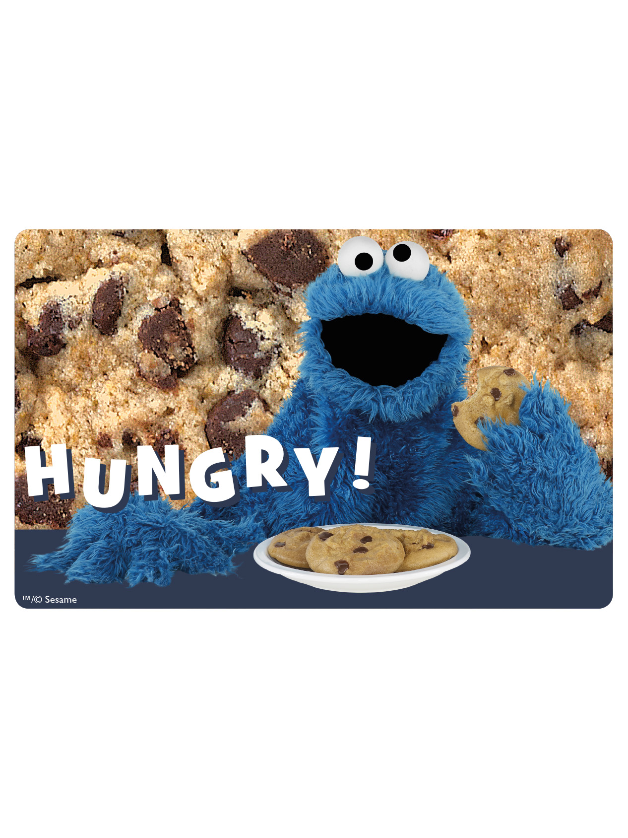 Krümelmonster mit Keksen. Er hält einen Keks. Der Text lautet 'HUNGY!'