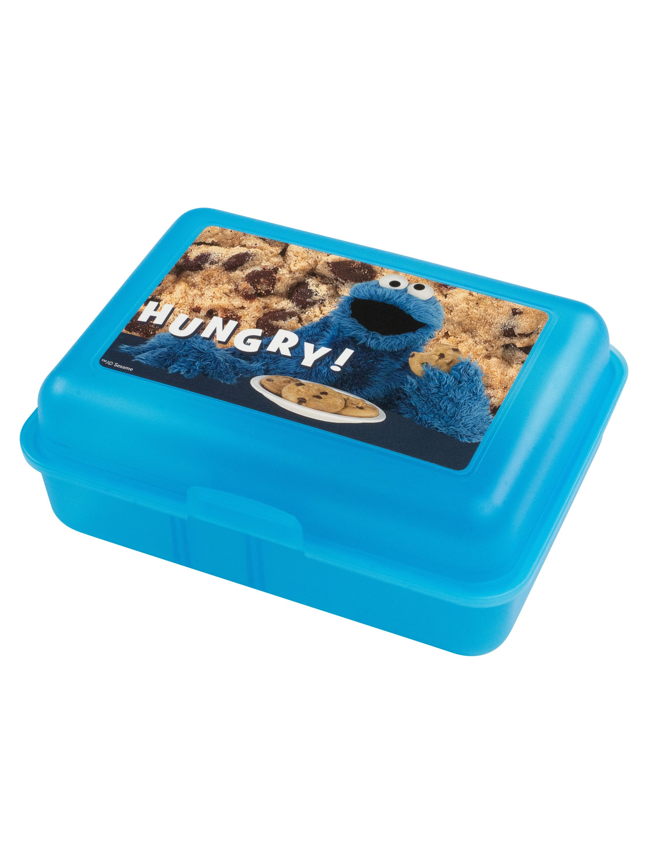 Blaue Brotdose mit Cookie Monster Grafik und dem Wort 'HUNGARY!' oben.