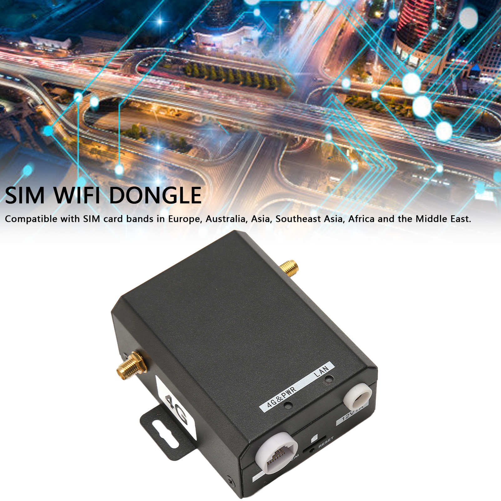 Ein schwarzer SIM-WLAN-Dongle vor einem verschwommenen Hintergrund einer Stadt bei Nacht.