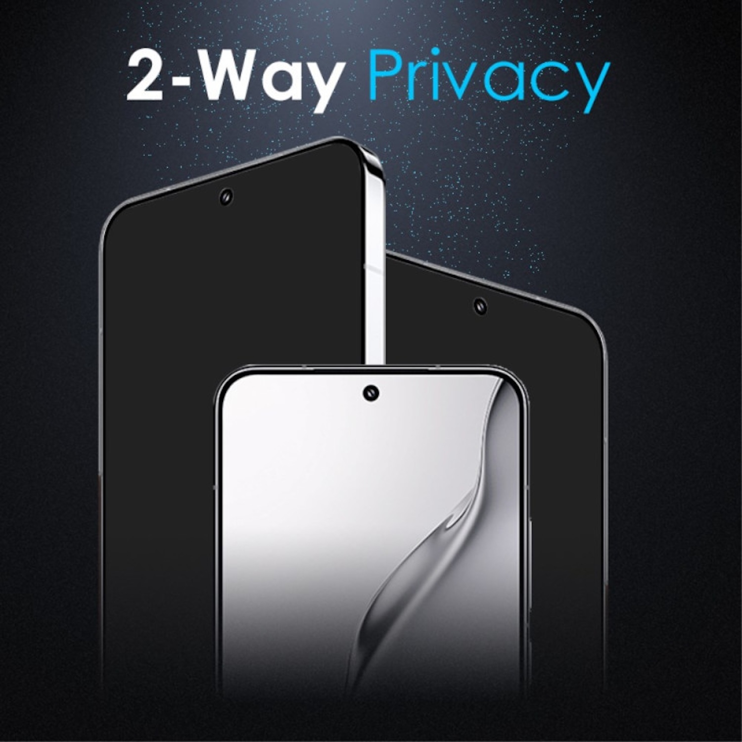 Due telefoni con il testo '2-Way Privacy' su sfondo scuro con punti sparsi.