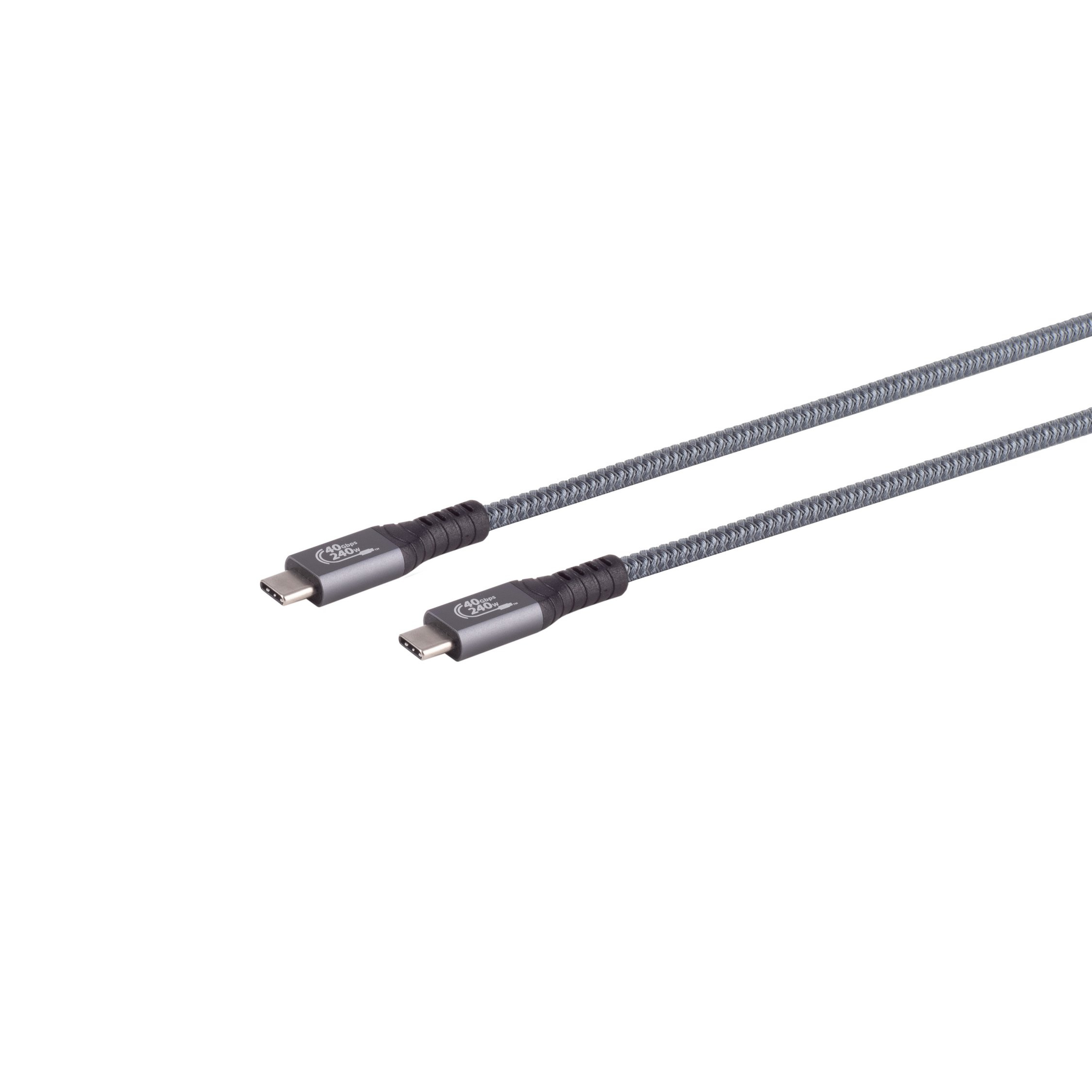 Due cavi USB-C con cavi intrecciati grigi e connettori grigio scuro, isolati.