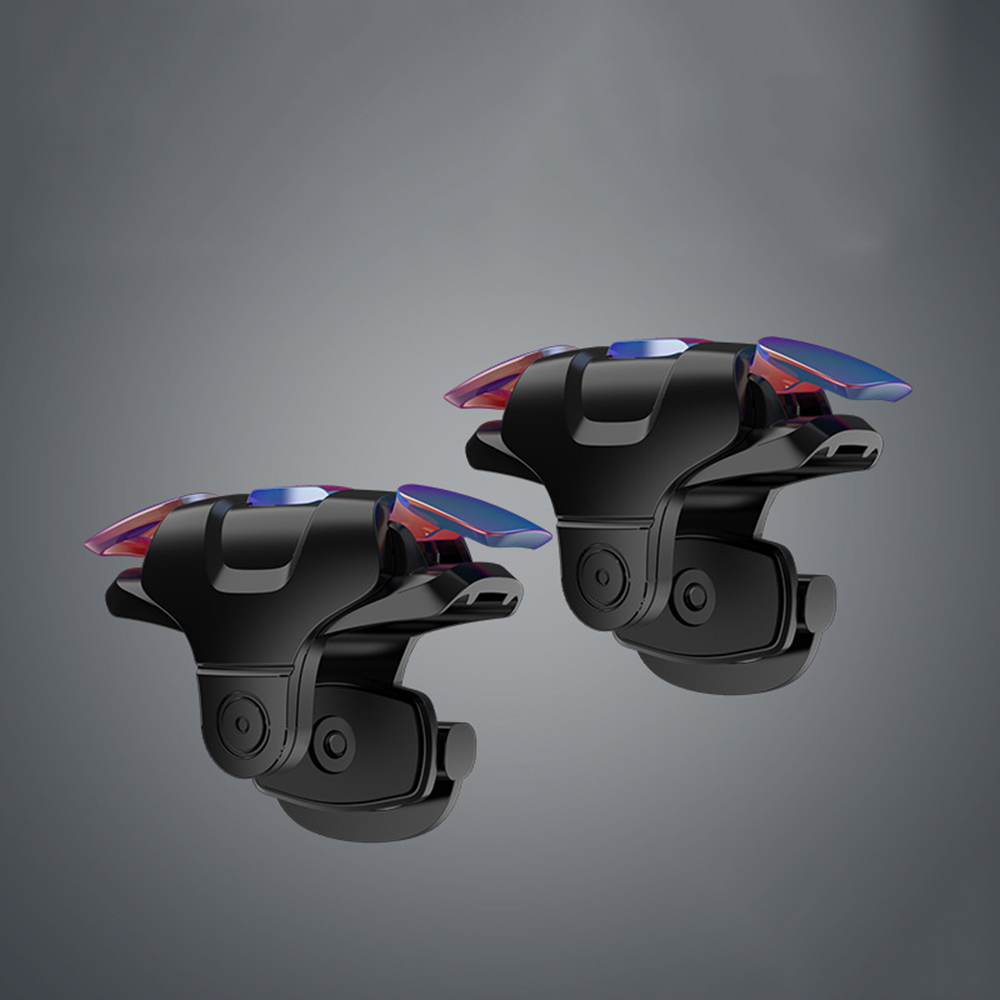 Zwei schwarze Gaming-Trigger mit blauen und lila Akzenten auf grauem Farbverlaufhintergrund.