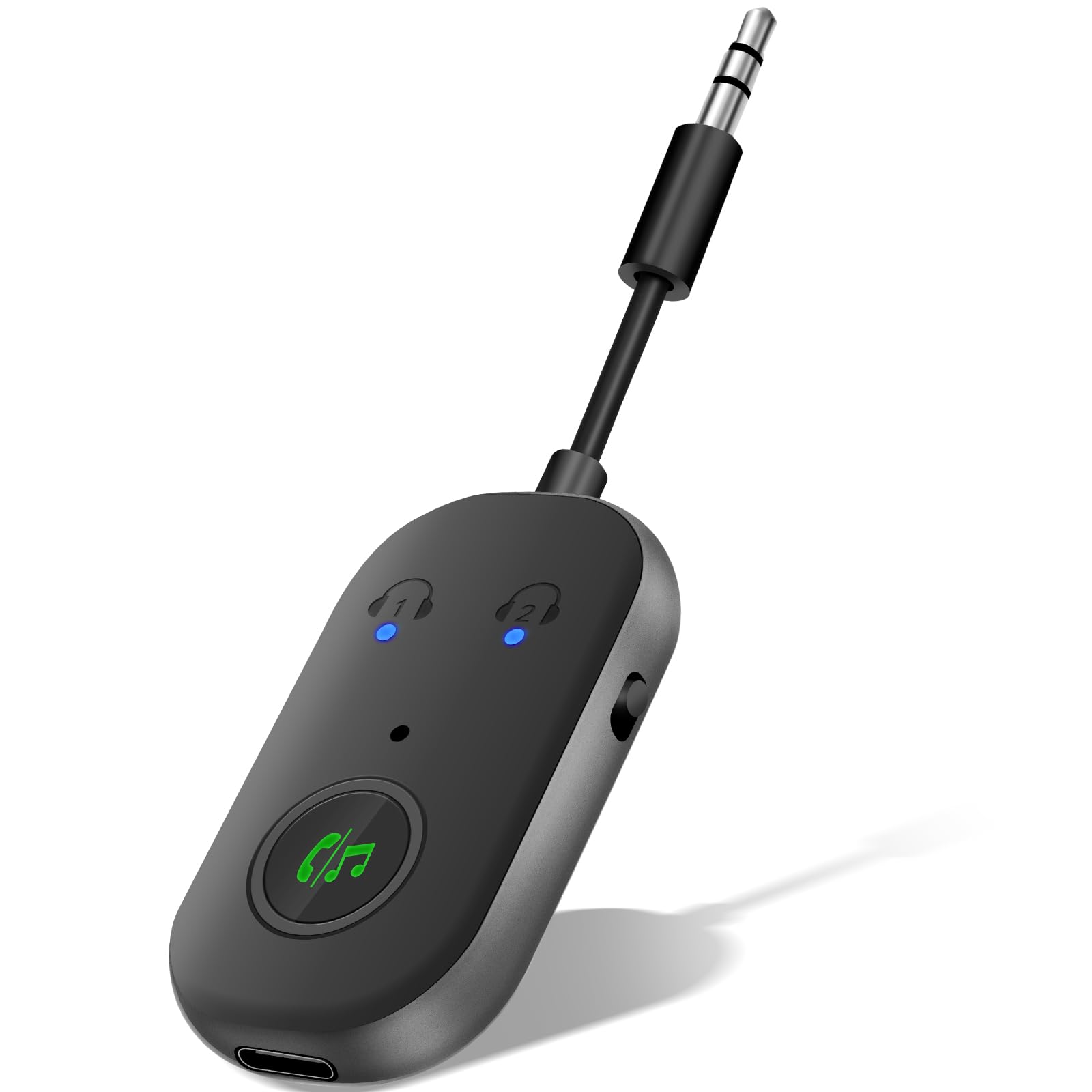 Ein schwarzer Bluetooth-Audioempfänger mit 3,5-mm-Klinke und zwei blauen Lichtern.